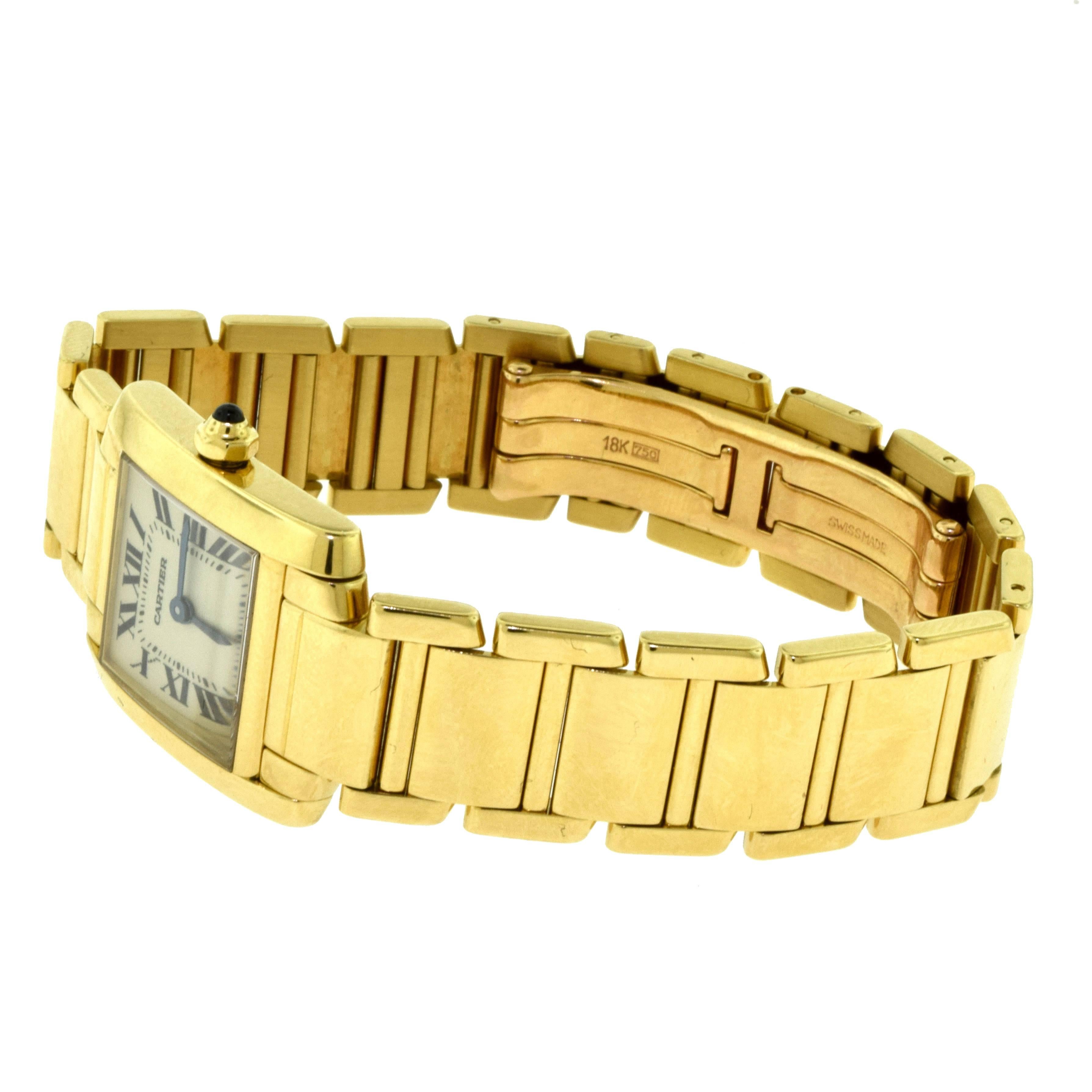 Women's or Men's Cartier Yellow Gold Blue Hands Tank Française Quartz Wristwatch, Ref 1820 For Sale