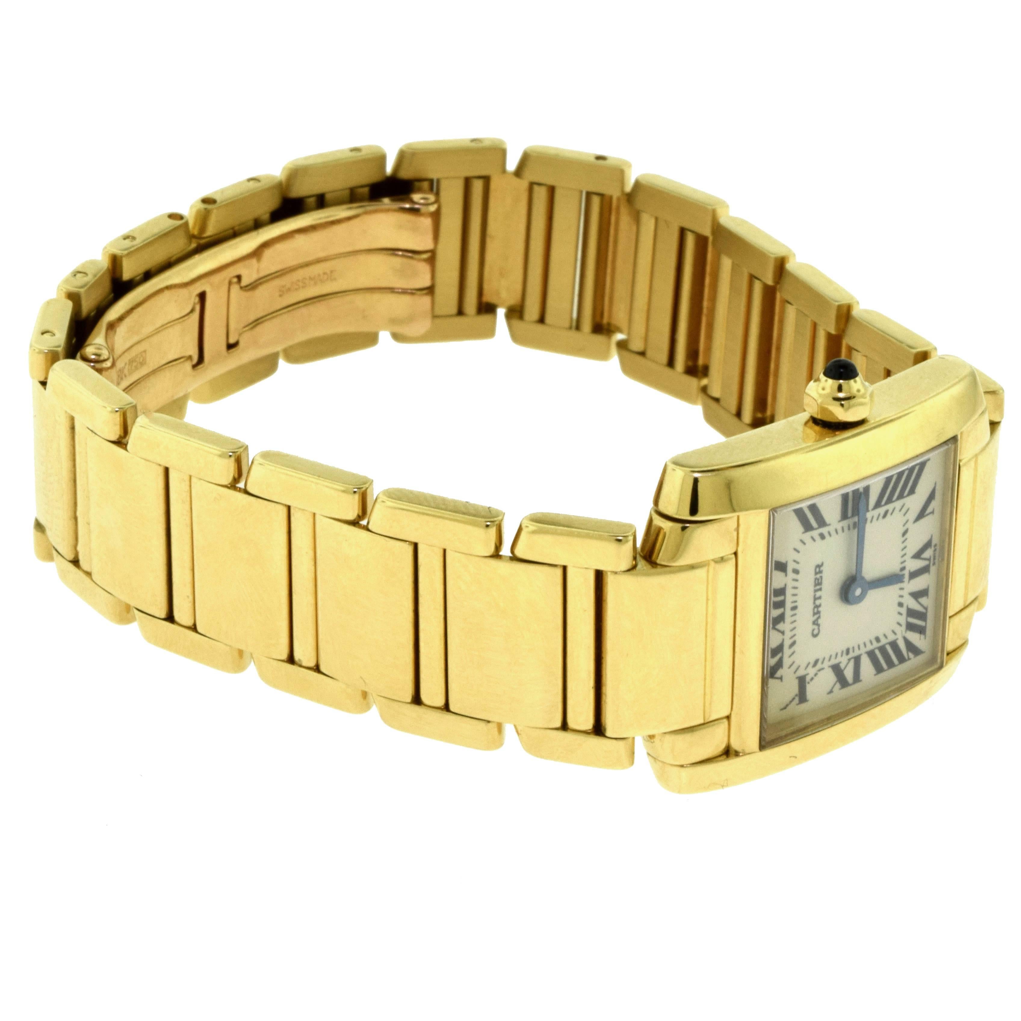 Cartier Yellow Gold Blue Hands Tank Française Quartz Wristwatch, Ref 1820 For Sale 1