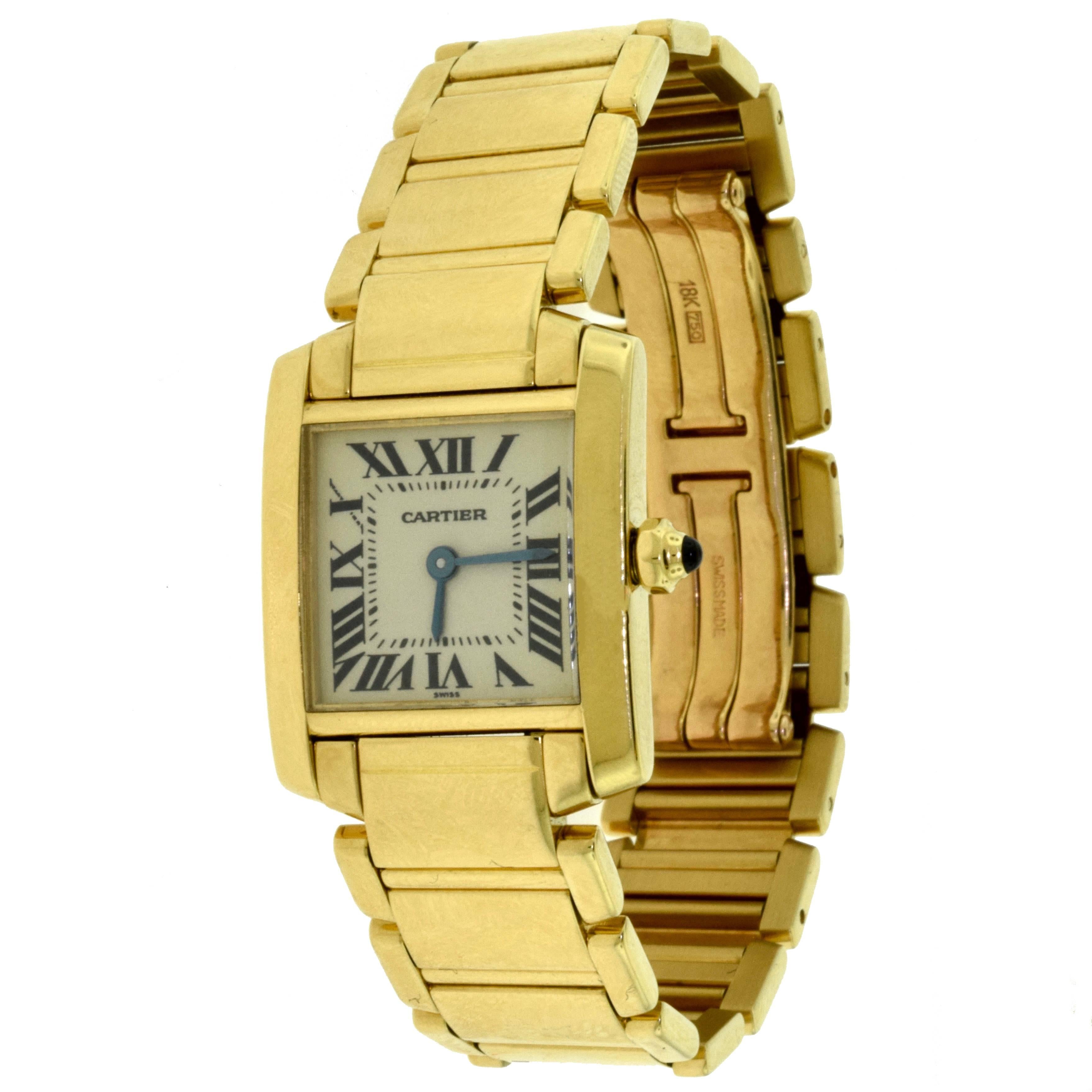 Cartier Yellow Gold Blue Hands Tank Française Quartz Wristwatch, Ref 1820 For Sale