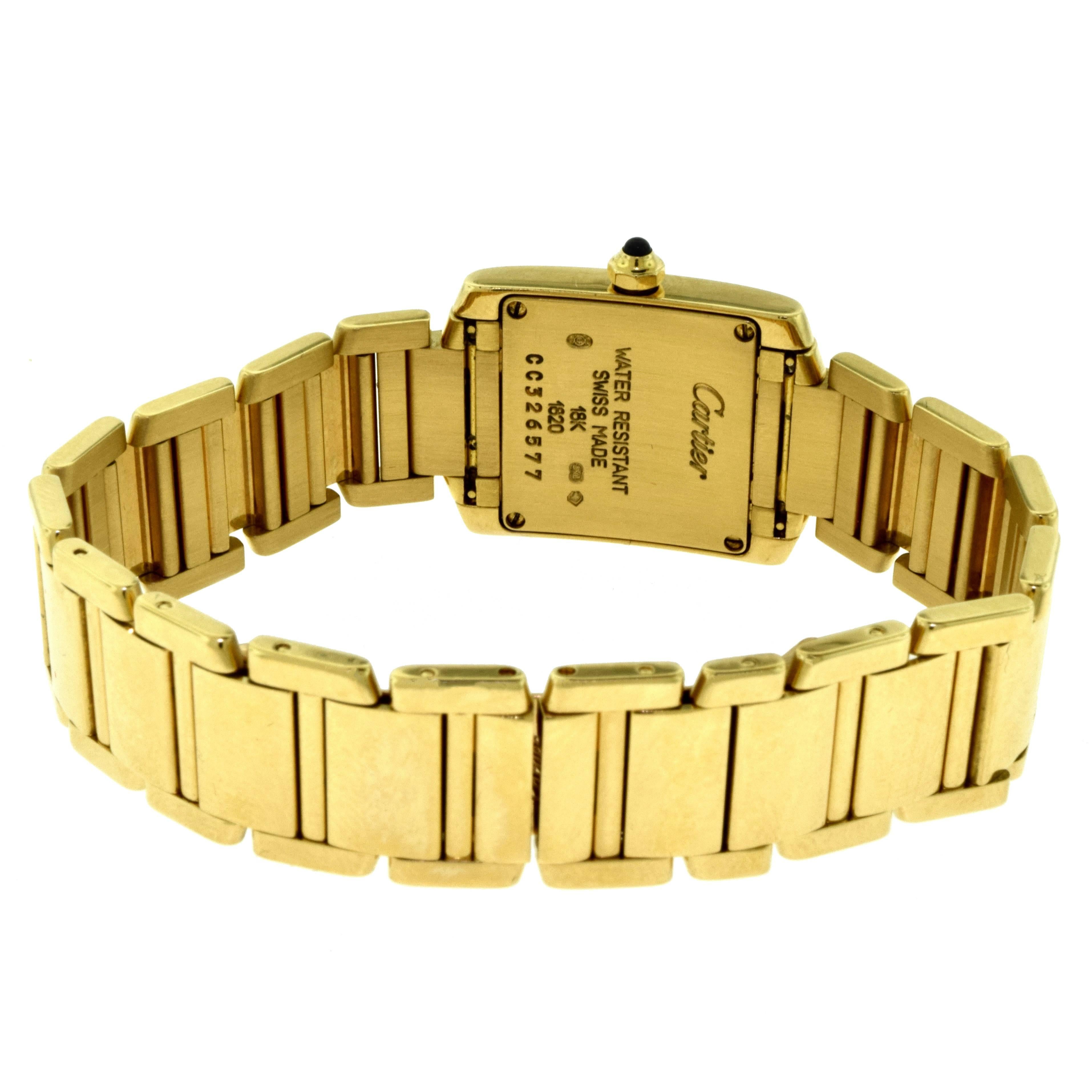 Cartier Yellow Gold Blue Hands Tank Française Quartz Wristwatch, Ref 1820 For Sale 2