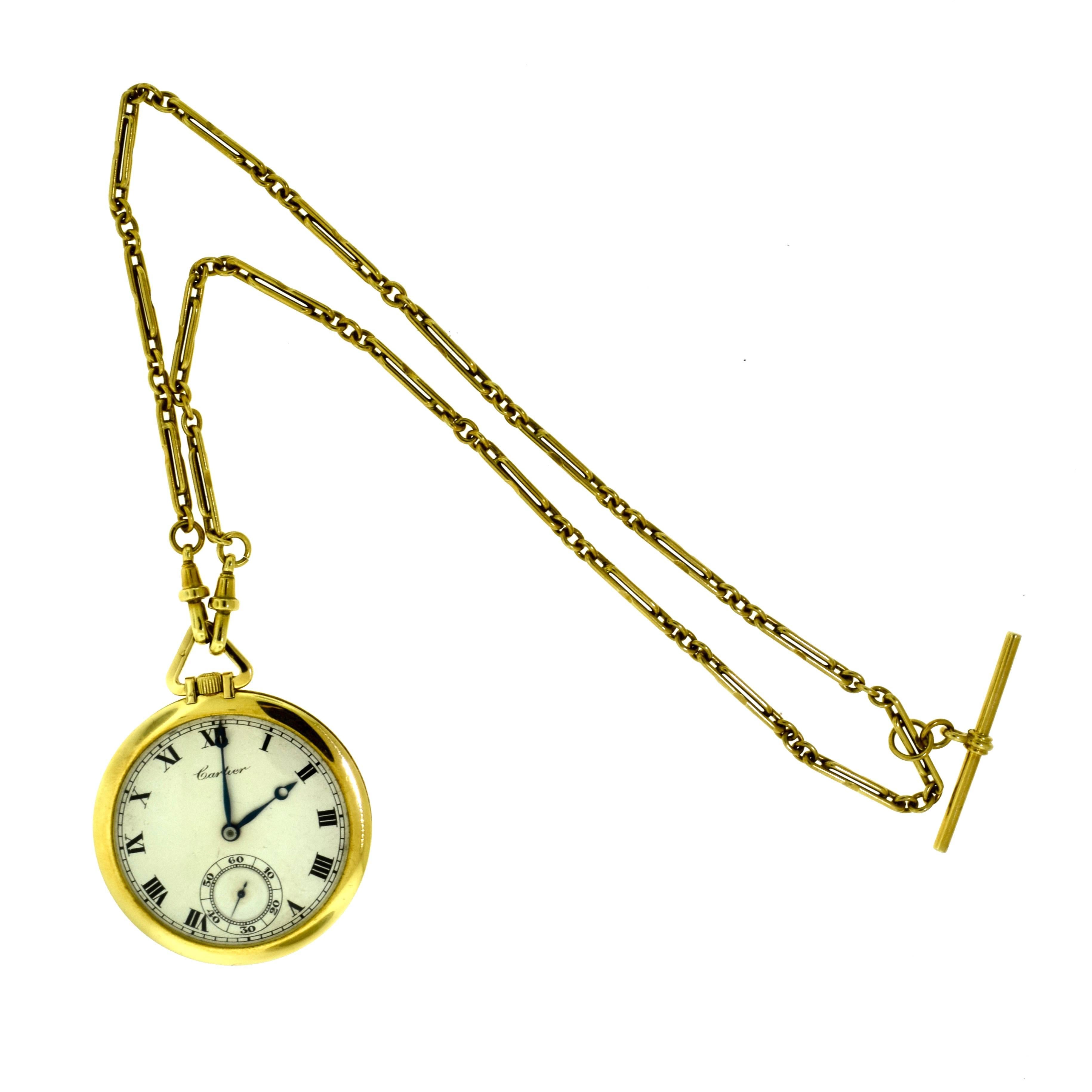 Designer: Cartier
Type: Minute Repeating Pocket Watch
Case Size: 45 mm
Metal: Yellow Gold
Metal Purity: 18k
Total Item Weight (g):  84.3
Chain Length: 19 inches