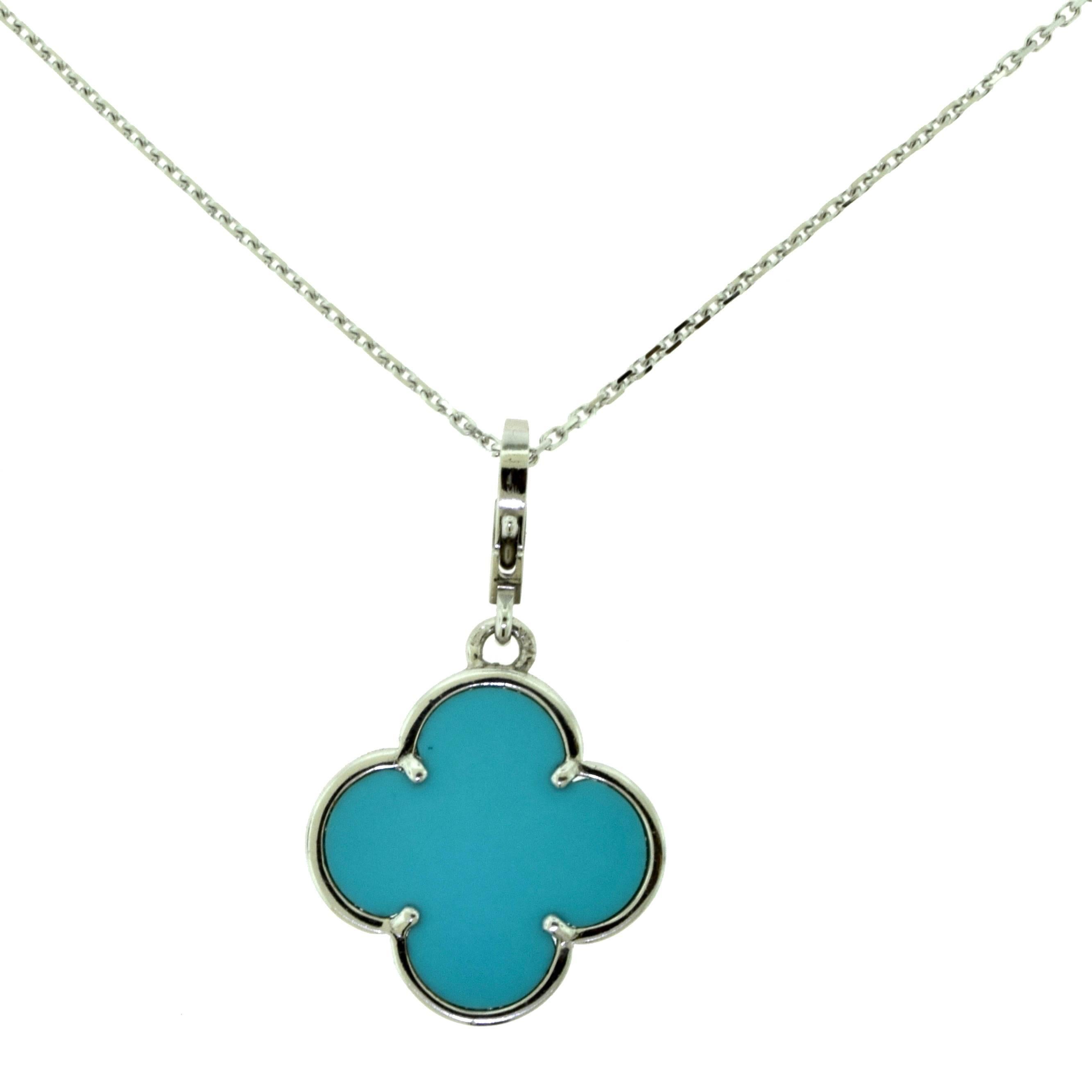 Van Cleef & Arpels Lg. Magic Alhambra Turquoise Pendant in White Gold, Chain