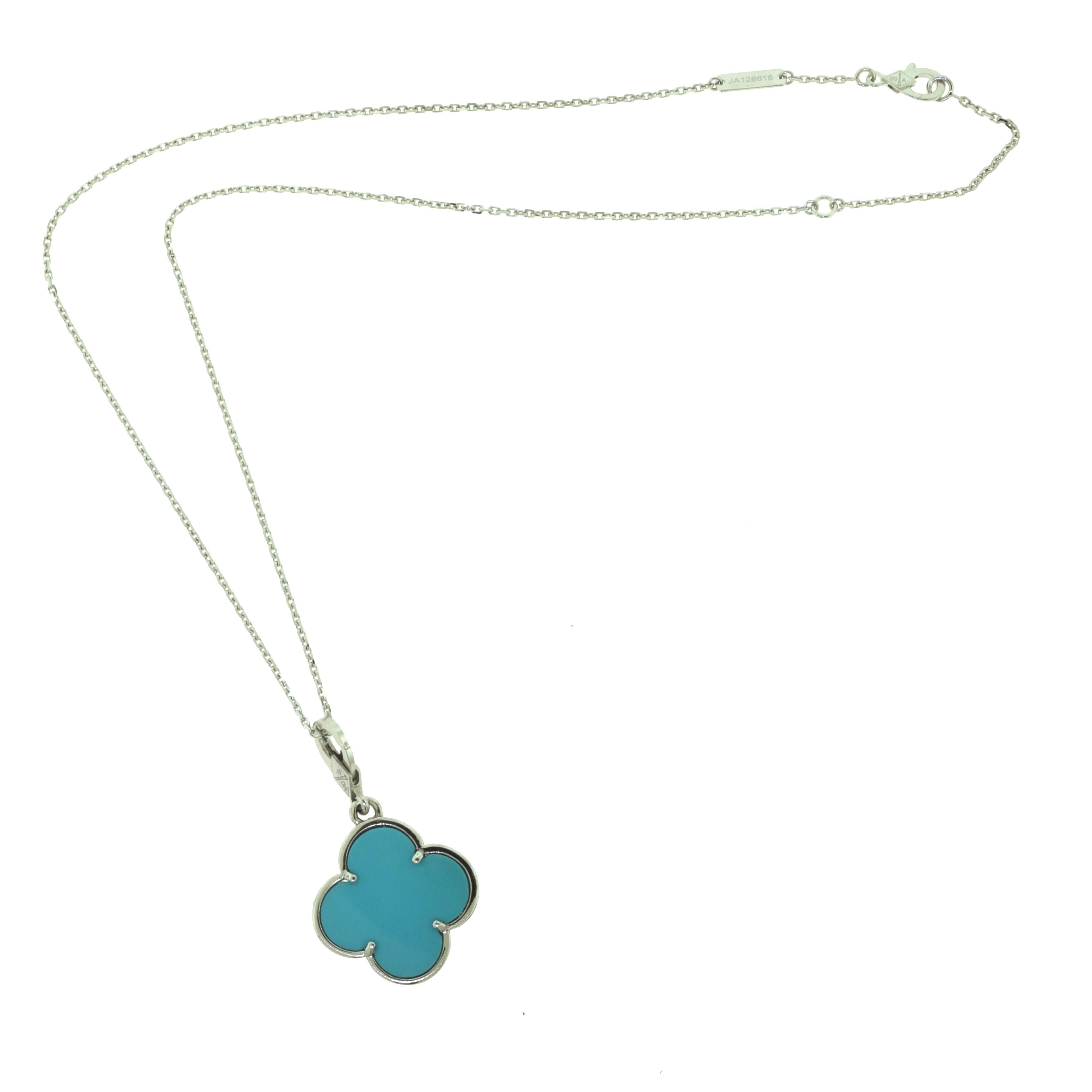 Designer: Van Cleef & Arpels
Collection: Magic Alhambra
Metal: 18 Karat White Gold
Stone: Turquoise
Chain Length: 14.5 inches, 16 inches (adjustable)
Total Item Weight (g): 8.2
Motif Dimensions: 22.39 x 14.01 mm
Motif Thickness: 2.11 mm
Collateral: