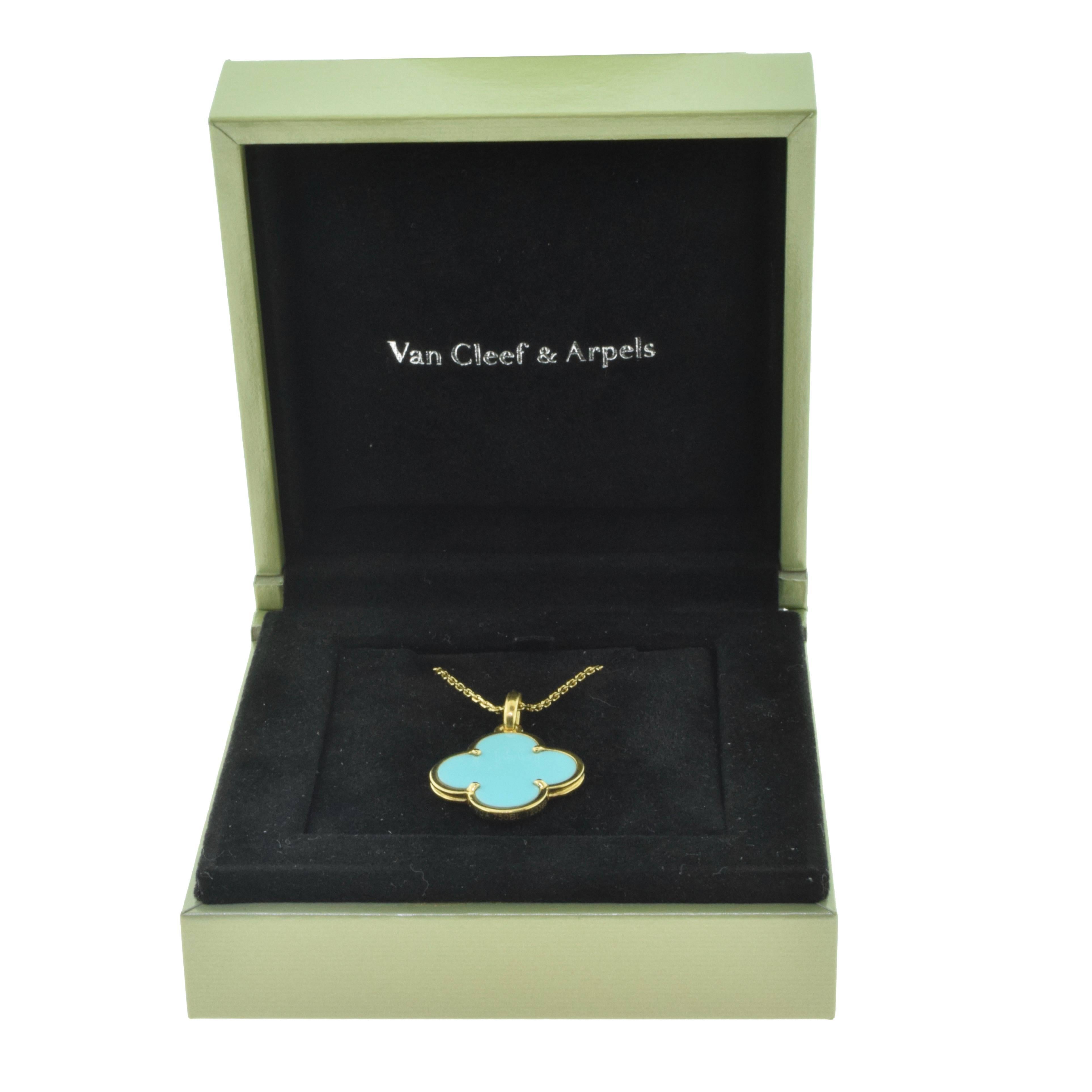 Designer: Van Cleef & Arpels
Collection: Magic Alhambra
Metal: 18 Karat Yellow Gold
Stone: Turquoise
Chain Length: 14.5 inches, 16 inches (adjustable)
Total Item Weight (g): 7.1
Motif Dimensions: 22.09 x 14.03 mm
Motif Thickness: 2.13 mm
Collateral: