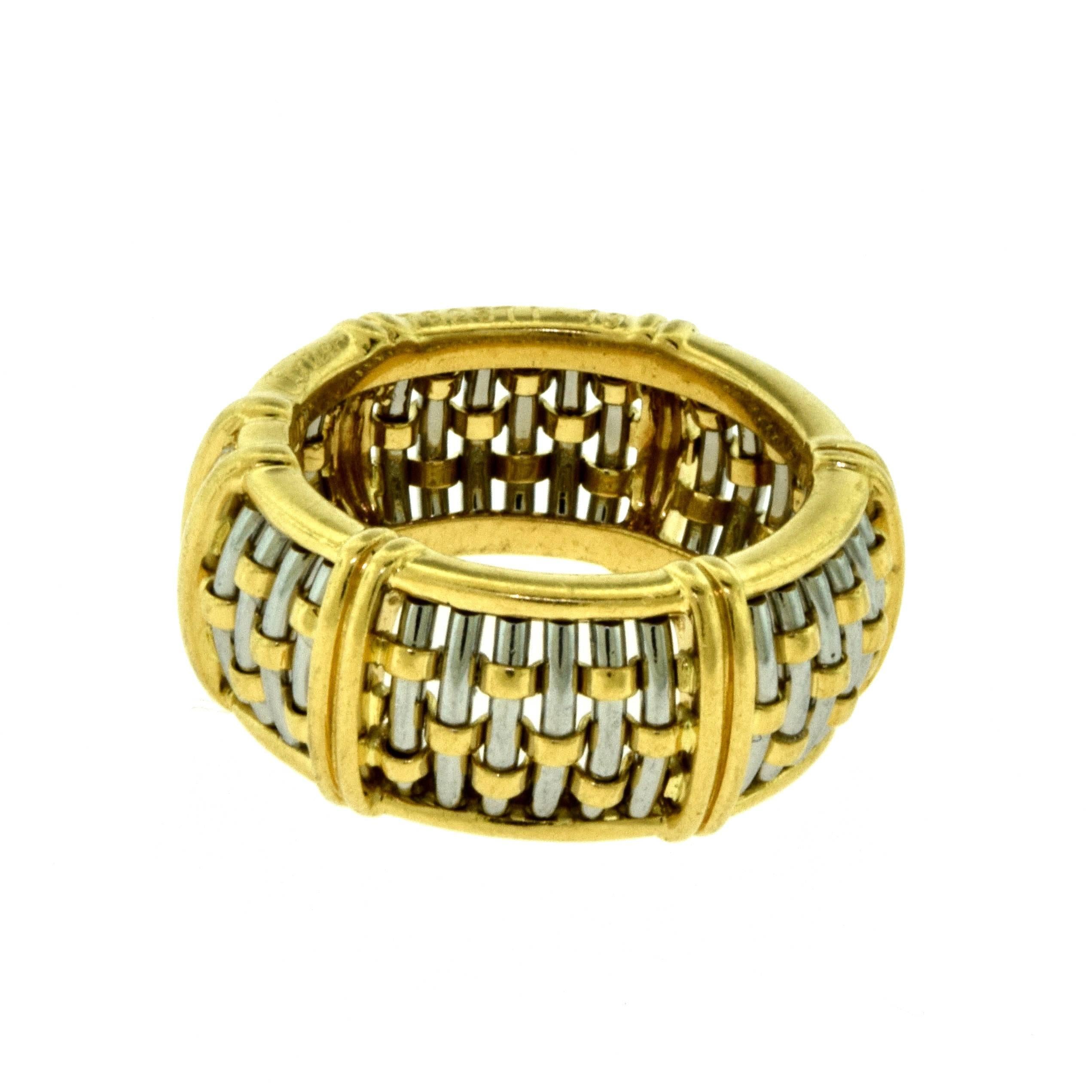 Cartier Gold and Steel Basket Weave Dome Band Ring In Excellent Condition For Sale In Miami, FL
