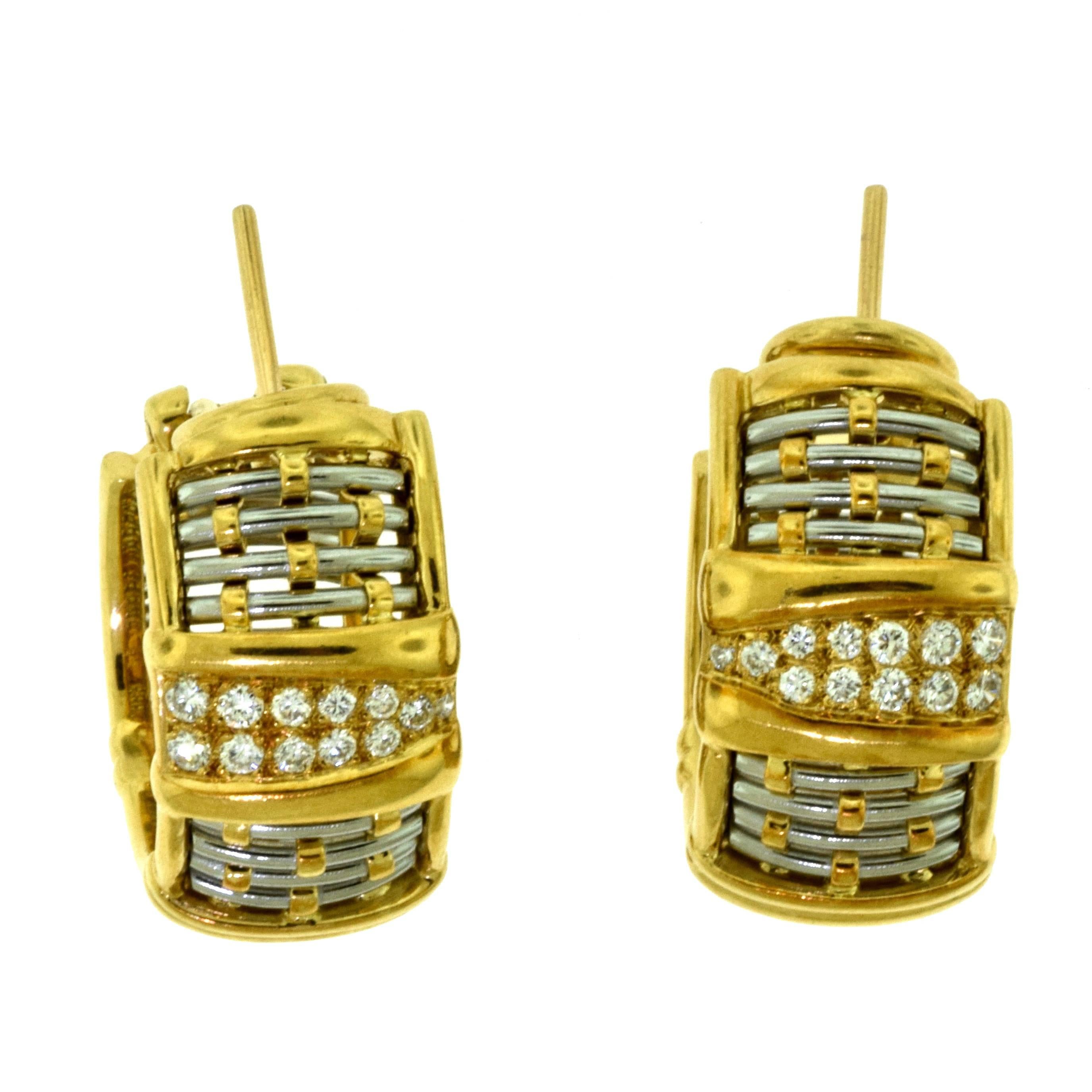 Cartier Yellow Gold and Steel Basket Weave Clip on Earrings with Diamonds For Sale