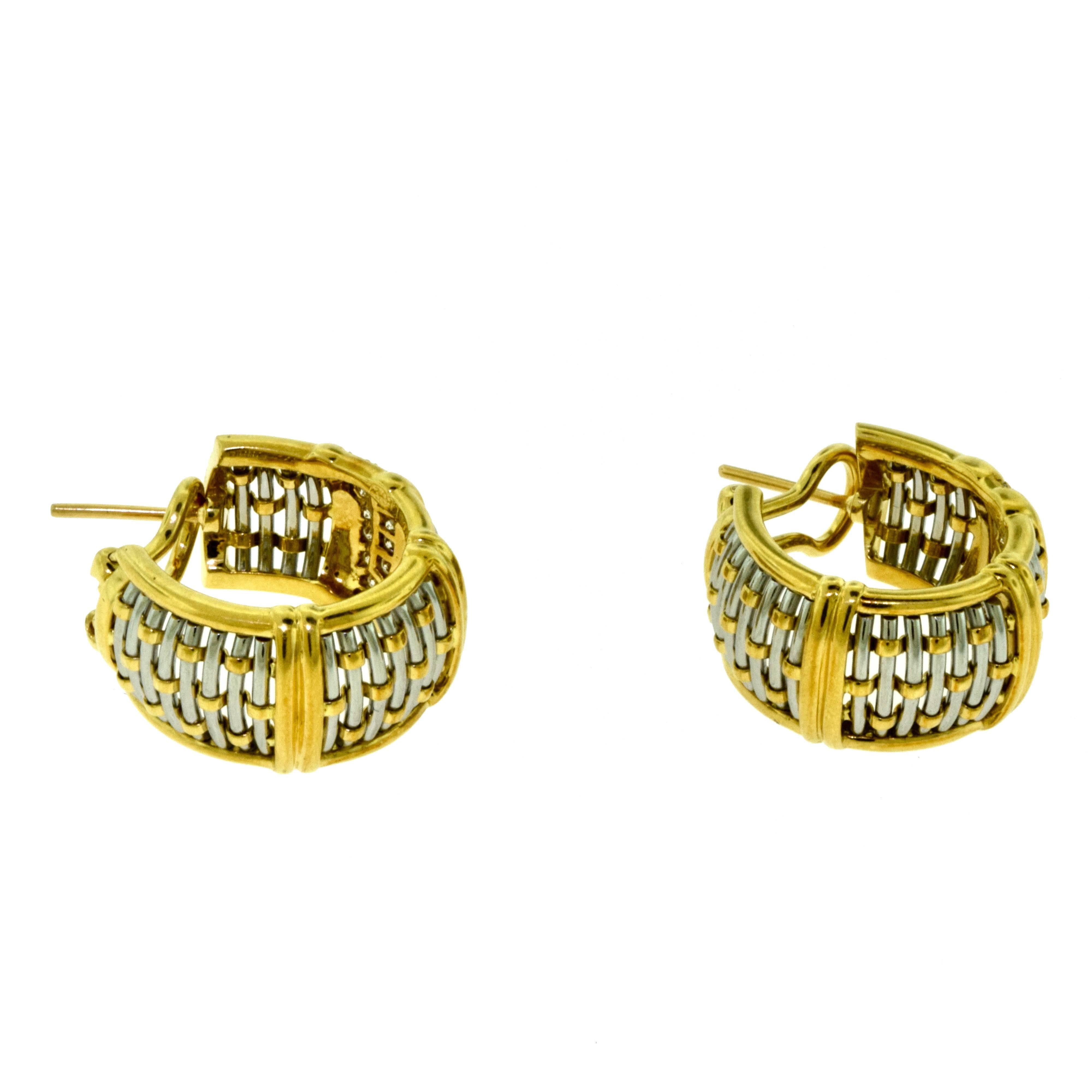 Women's or Men's Cartier Yellow Gold and Steel Basket Weave Clip on Earrings with Diamonds For Sale