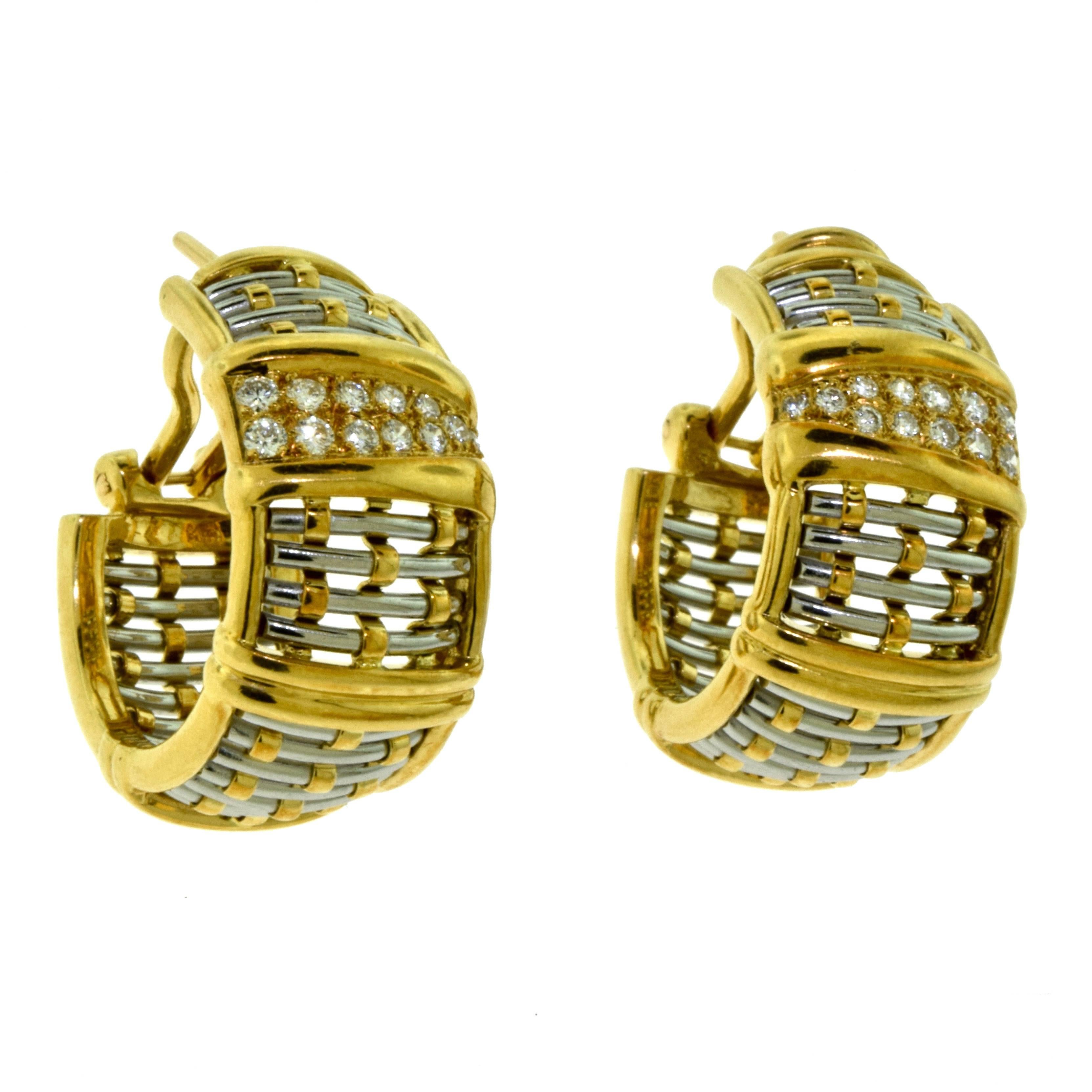 Cartier Yellow Gold and Steel Basket Weave Clip on Earrings with Diamonds In Excellent Condition For Sale In Miami, FL