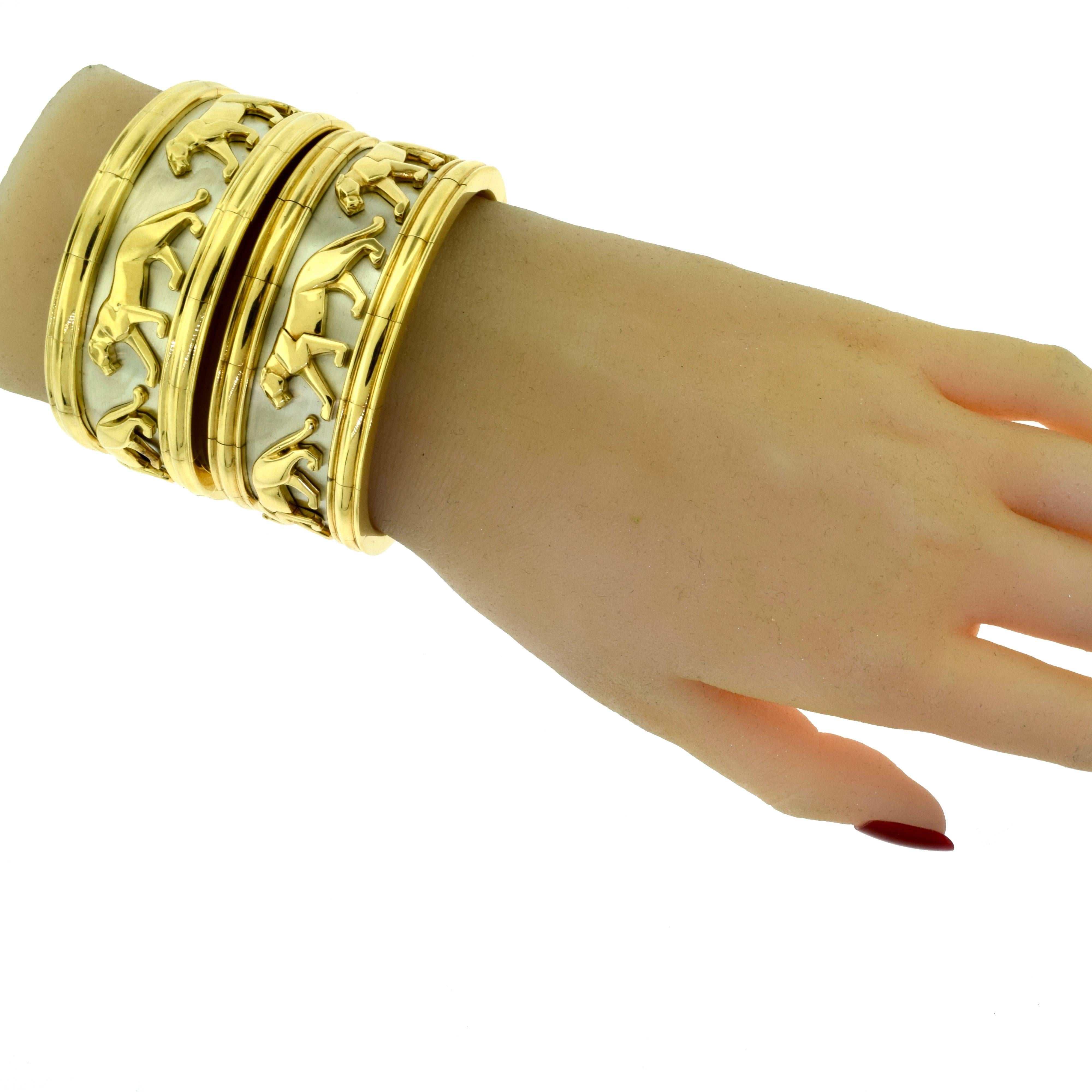Cartier White and Yellow Gold Walking Panther Two-Piece Large Wide Cuff Set In Excellent Condition For Sale In Miami, FL