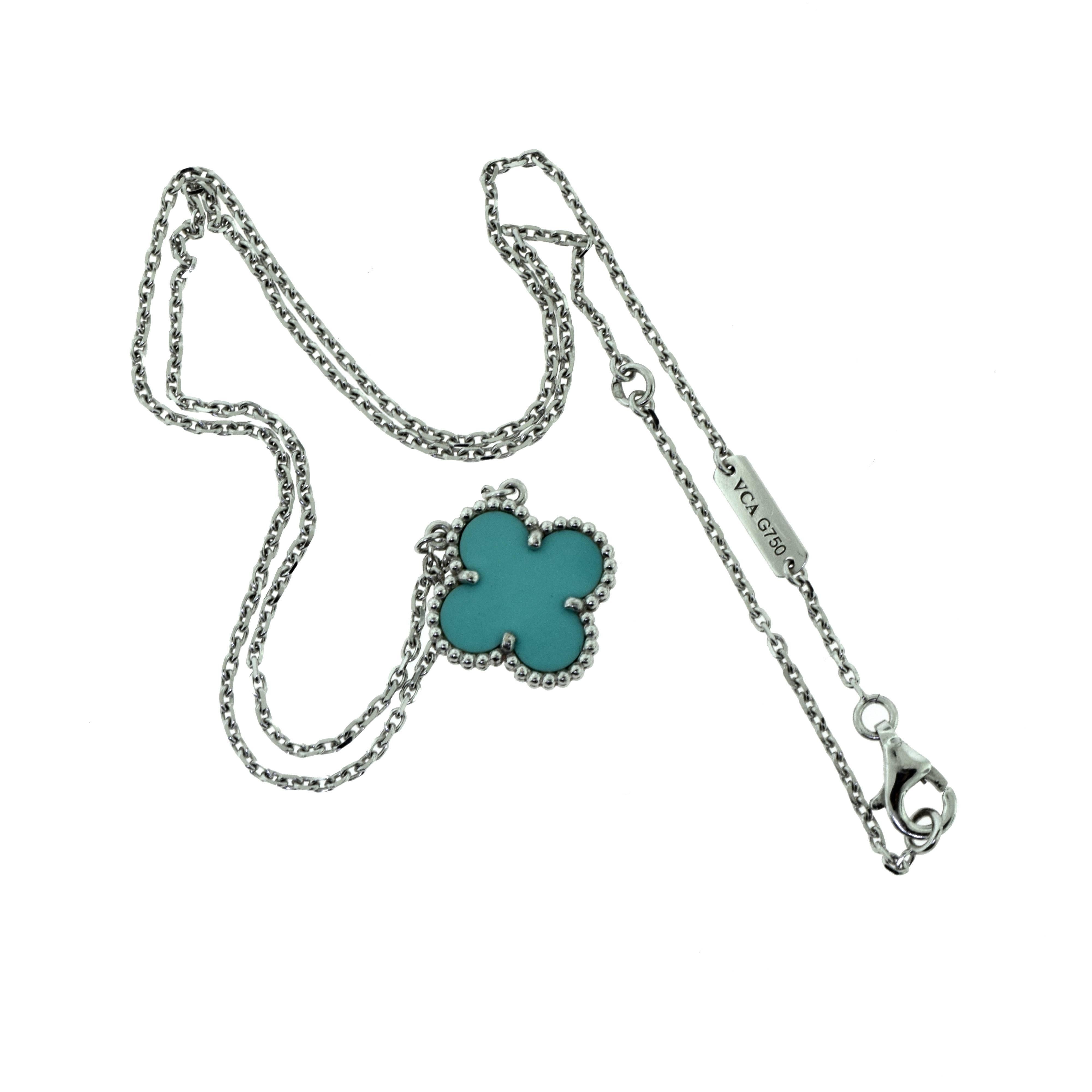 Van Cleef & Arpels Vintage Alhambra Turquoise Single Motif Necklace, White Gold In Excellent Condition For Sale In Miami, FL