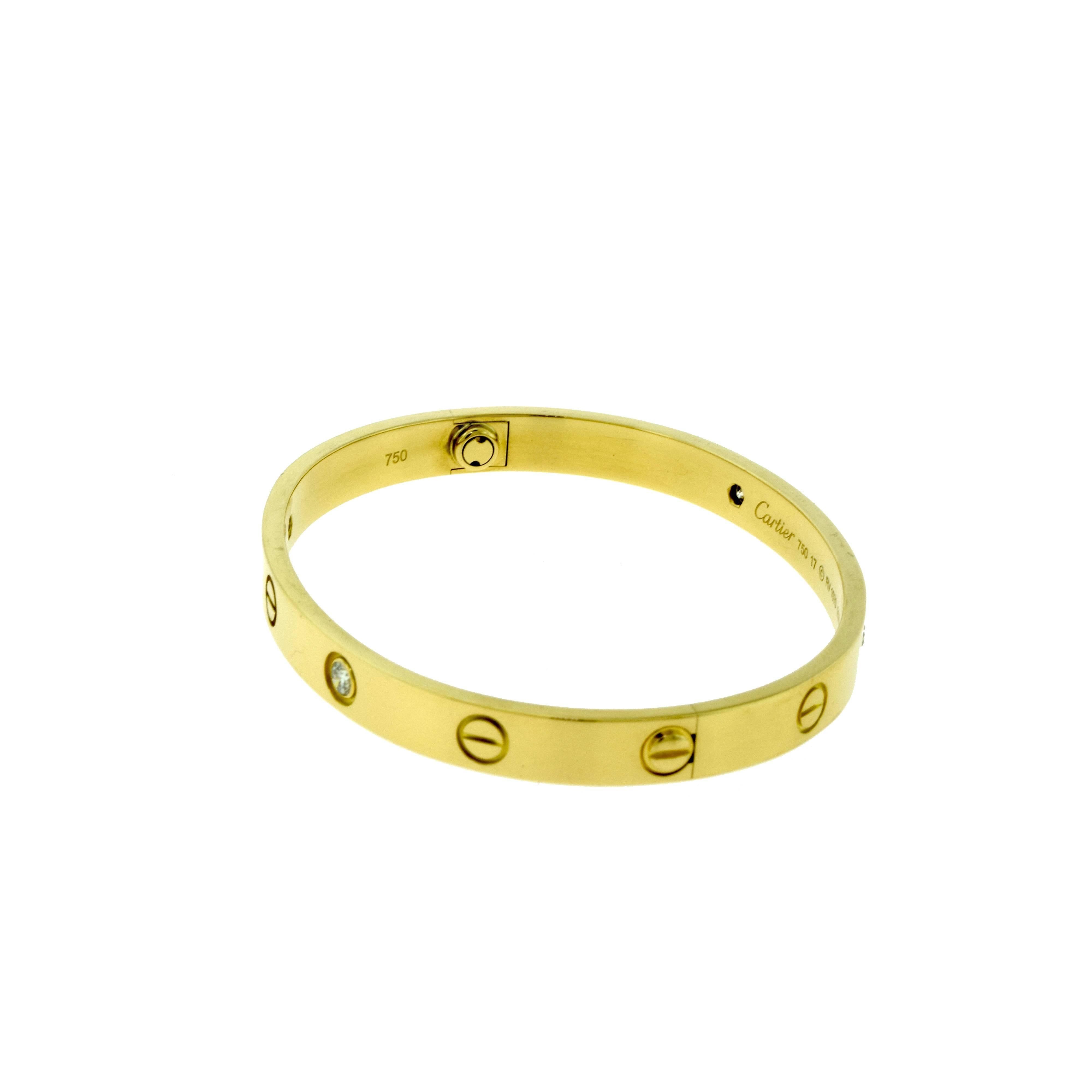 Women's or Men's Cartier Love Bracelet in 18 Karat Yellow Gold, Four Diamonds For Sale