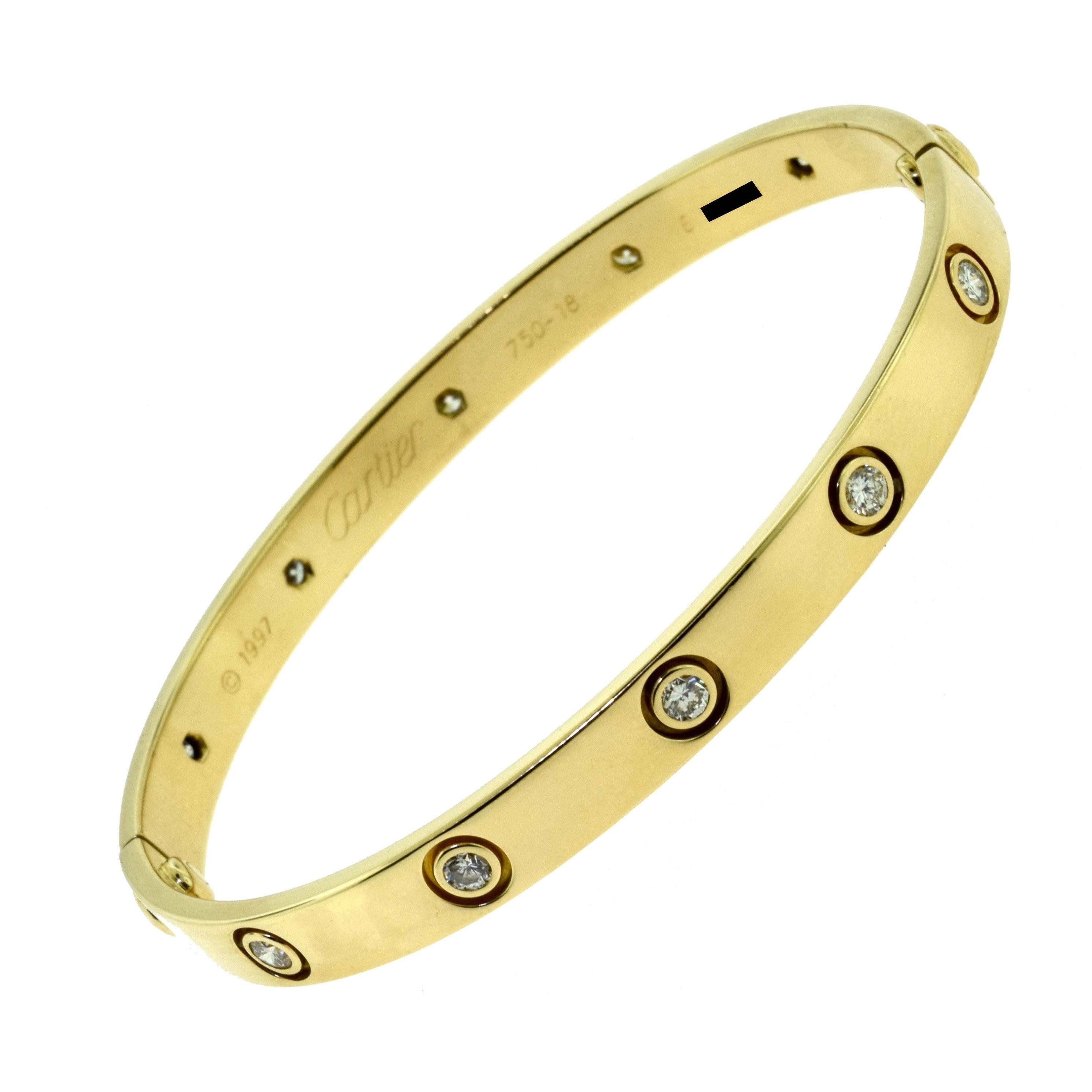 Cartier Love Bracelet, Ten Diamonds in 18 Karat Yellow Gold For Sale