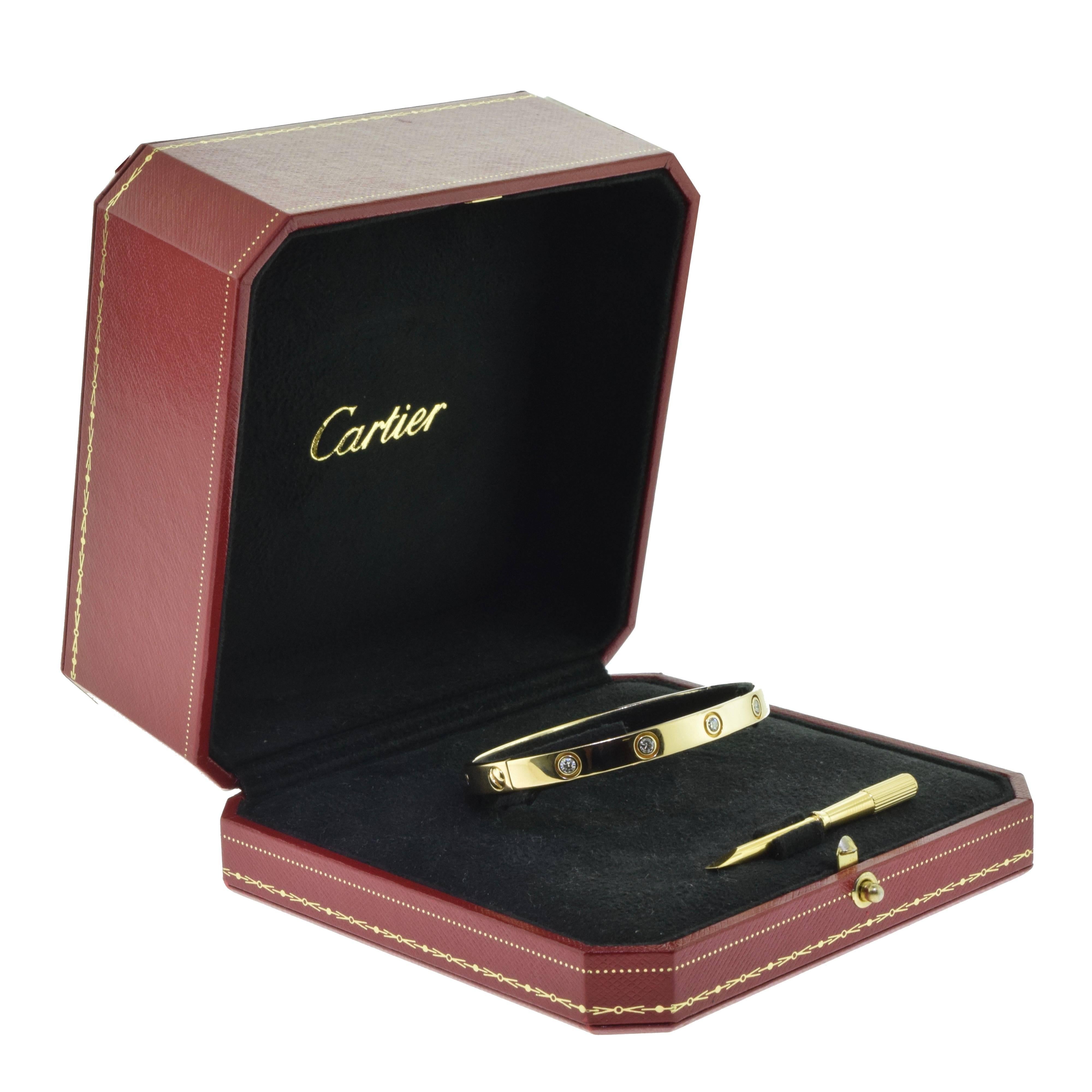 From Cartier's LOVE Collection
Bracelet Size: 18 = 18 cm
Metal: 18 Karat Yellow Gold
Stones: 10 Round Brilliant Cut Diamonds
Total Carat Weight: 0.96 ct
​​​​​​​Total Item Weight (g): 29.8
Collateral: Certificate of Authenticity, Screwdriver, Box