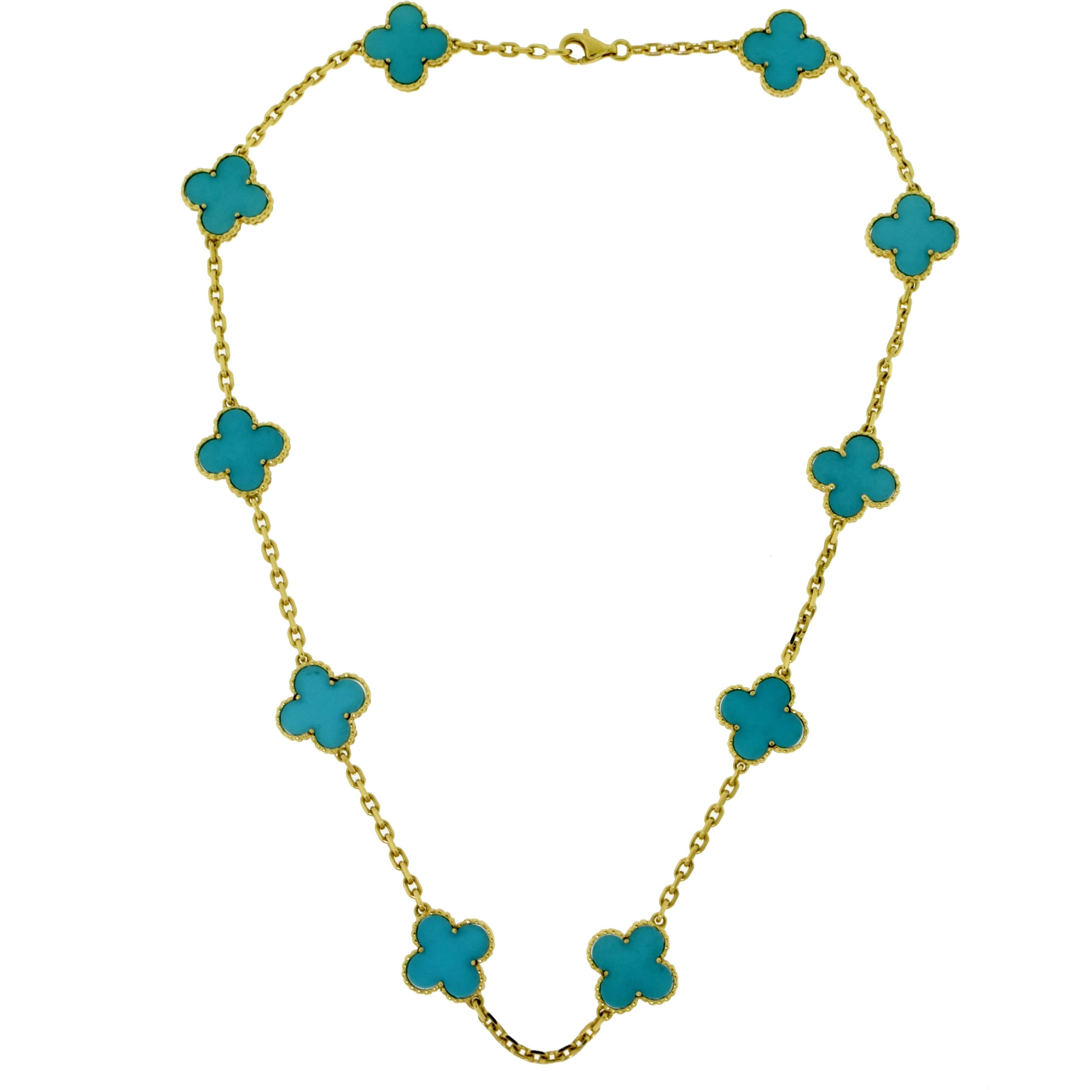 Van Cleef & Arpels Turquoise Vintage Alhambra Ten Motif Yellow Gold Necklace For Sale