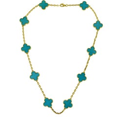 Van Cleef & Arpels Turquoise Vintage Alhambra Ten Motif Yellow Gold Necklace
