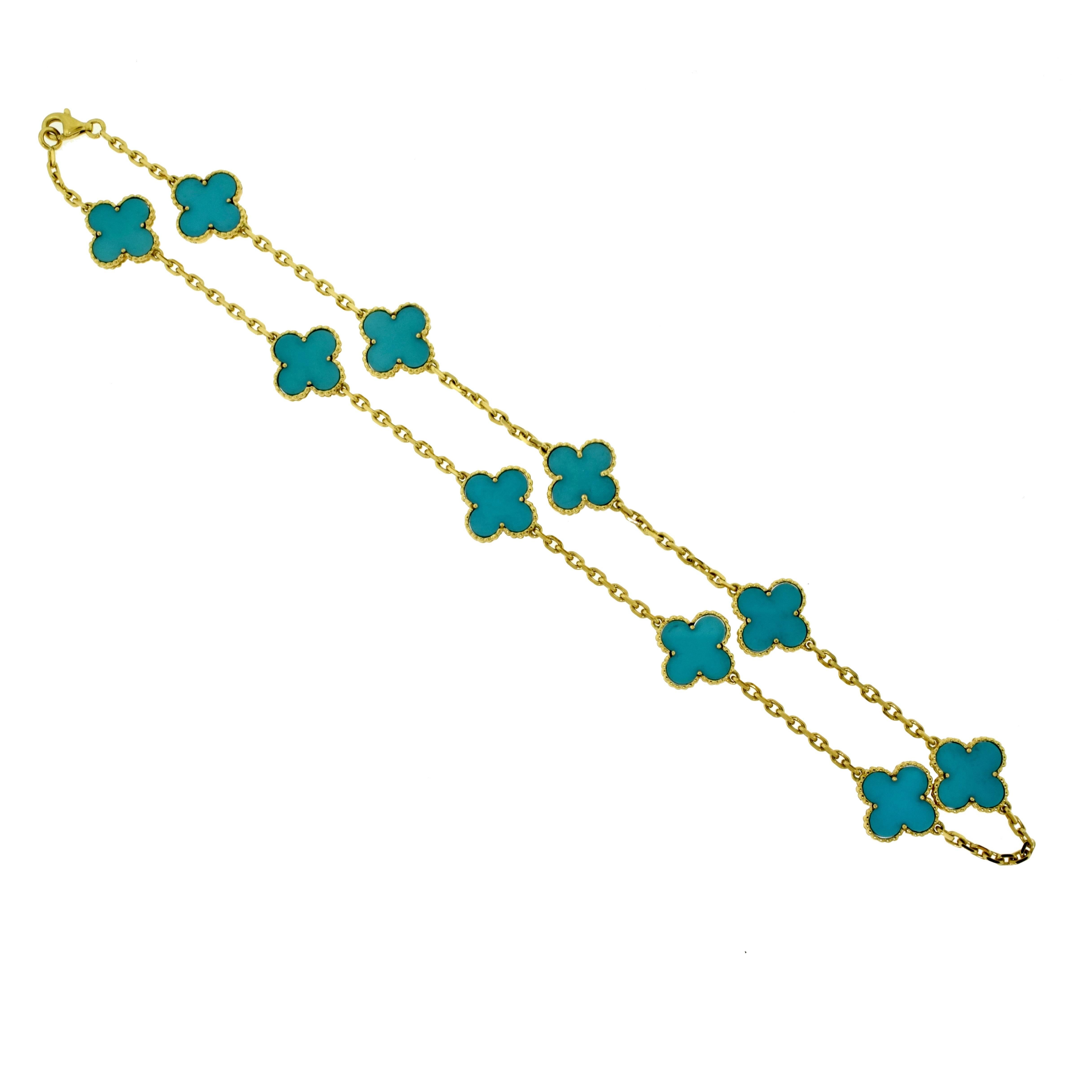 From Van Cleef & Arpel's Vintage Alhambra Collection:

Metal: 18 Karat Yellow Gold
Stones: 10 Turquoise Stones
Total Item Weight (g): 21.1
Necklace Length: 16.5 inches
Motif Dimension: approx. 14.28 mm
Hallmark: VCA Au750 Serial Number (blocked for