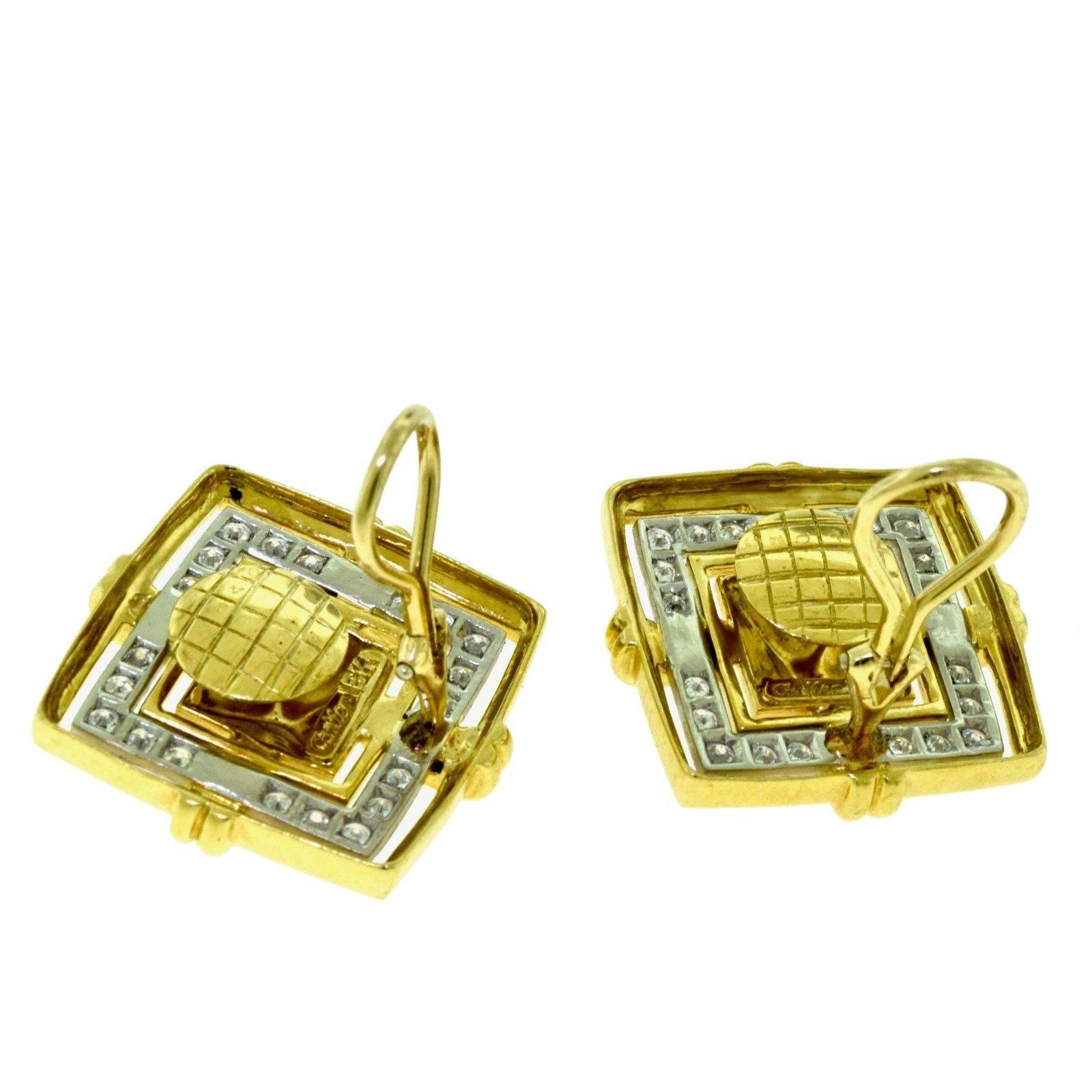 Cartier 18 Karat Yellow Gold Square Pyramid Diamond Earrings In Excellent Condition For Sale In Miami, FL