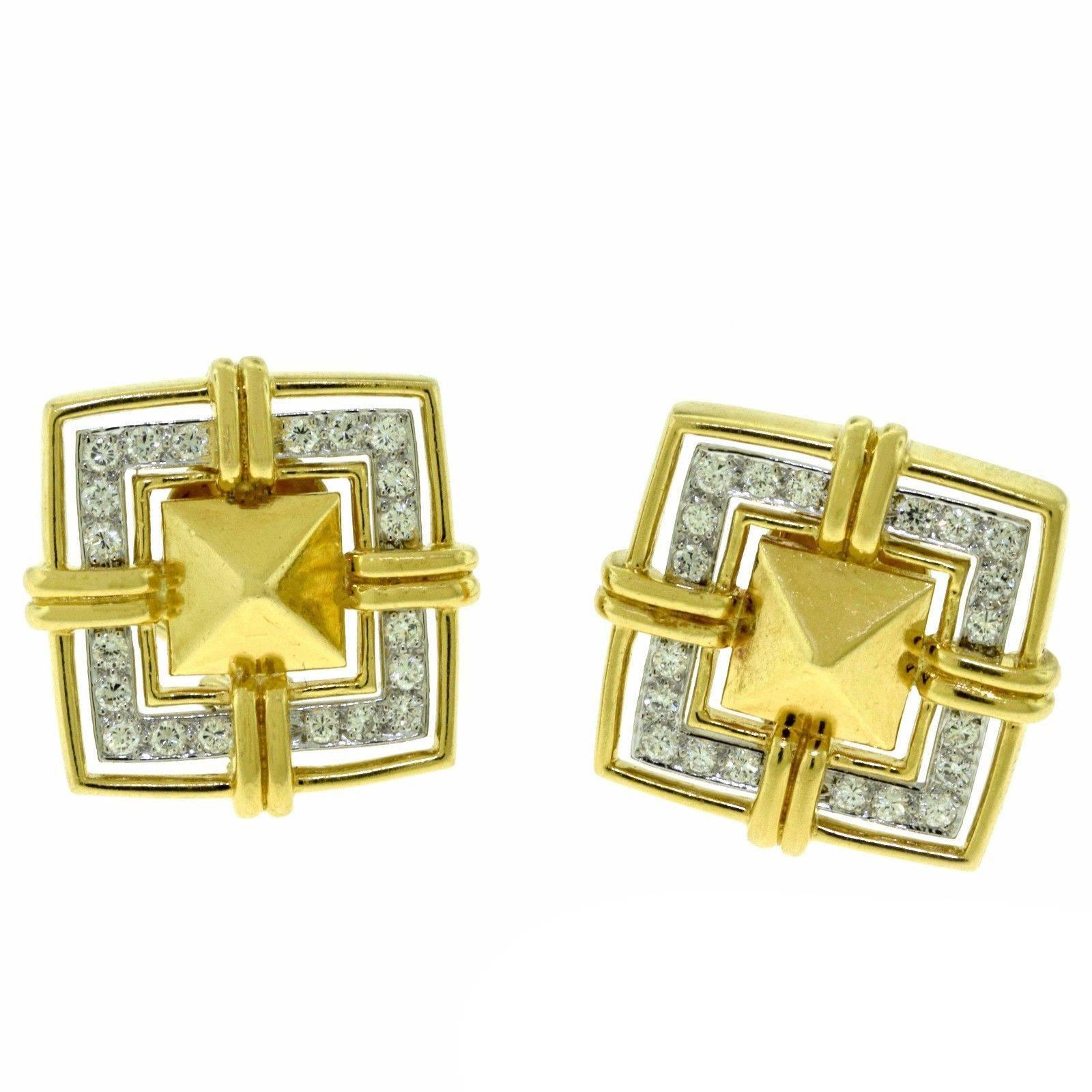 Cartier 18 Karat Yellow Gold Square Pyramid Diamond Earrings For Sale