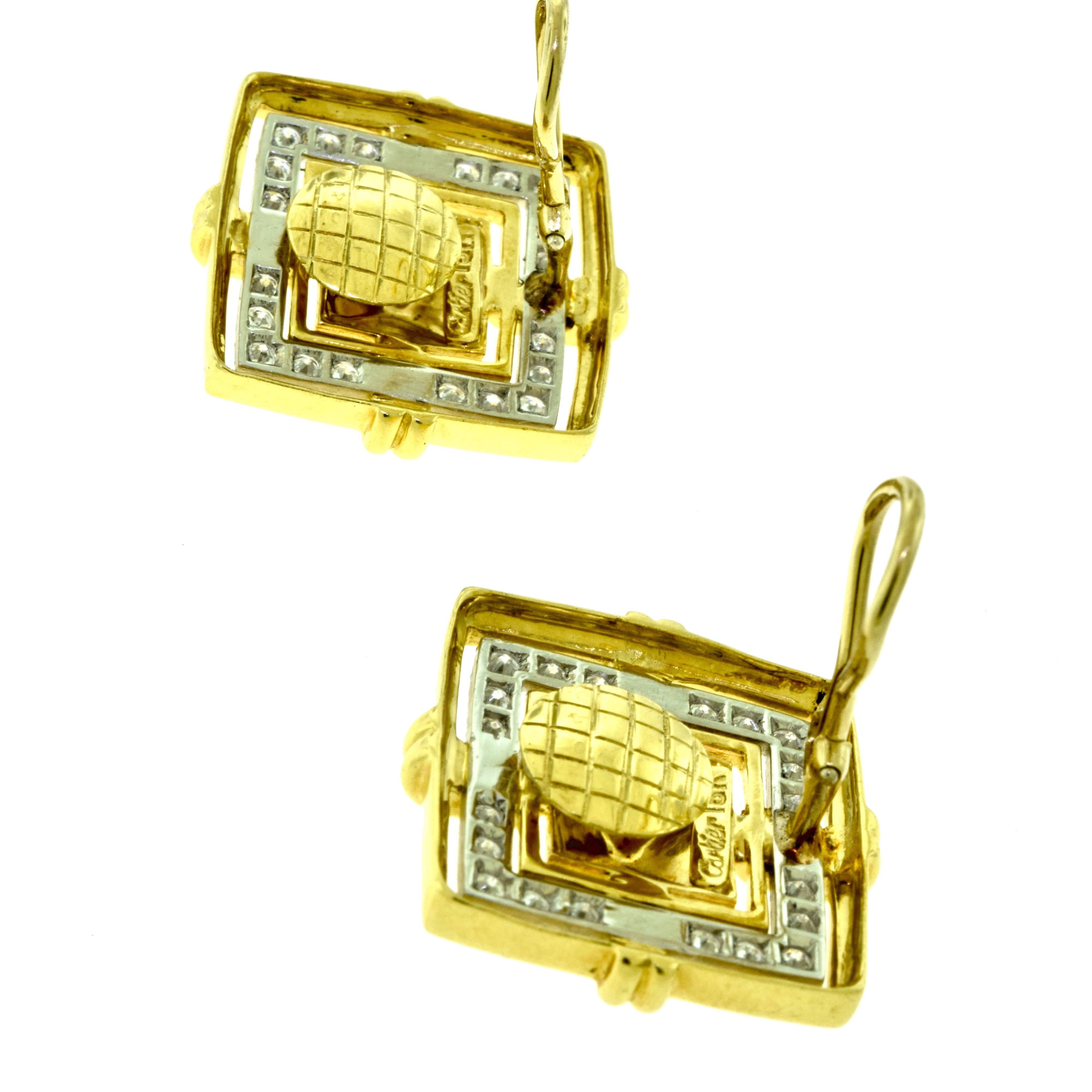 Women's or Men's Cartier 18 Karat Yellow Gold Square Pyramid Diamond Earrings For Sale