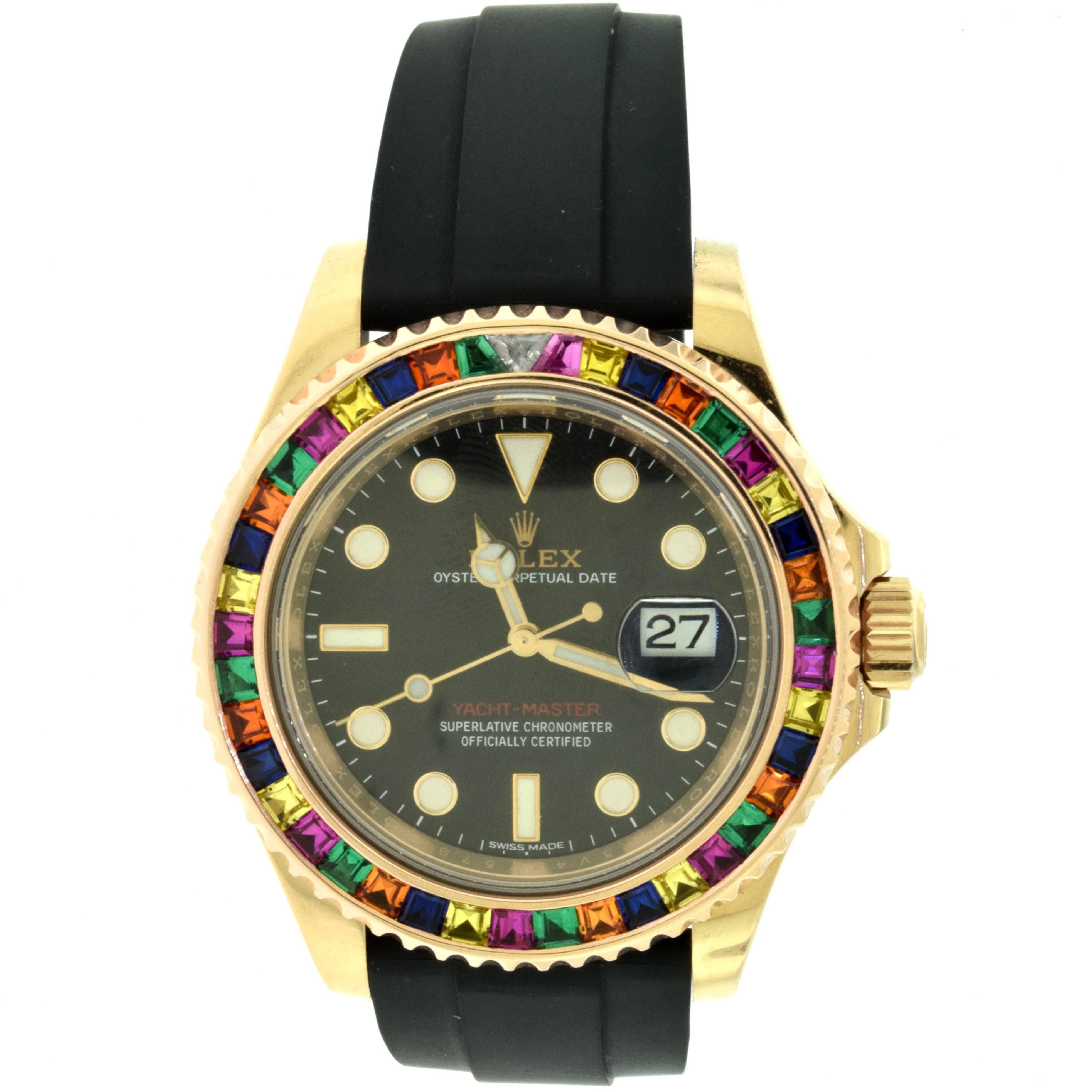 Rolex rose gold YachtMaster multicolor gem set bezel Self-Winding wristwatch  For Sale