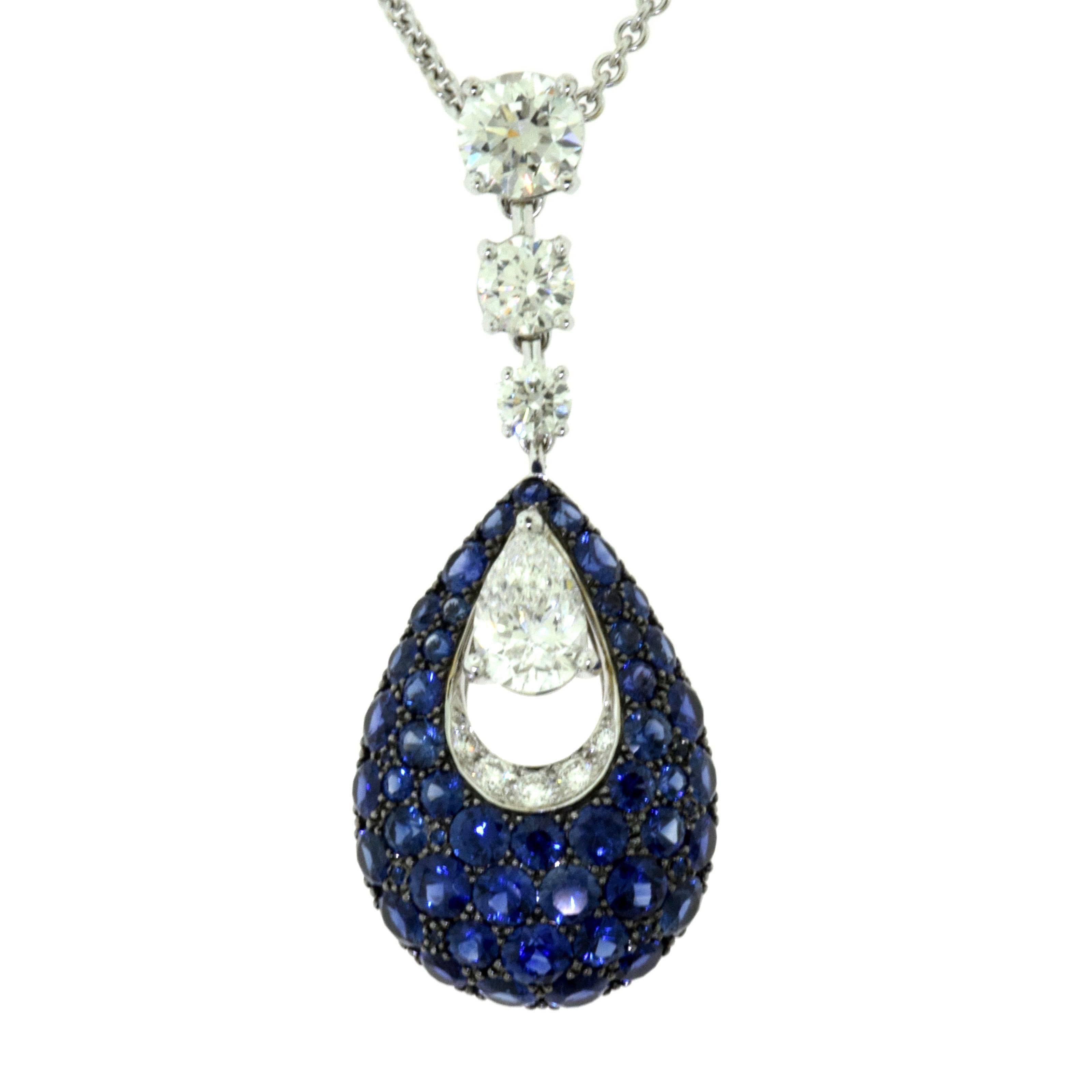 Graff Bombe Teardrop Diamond and Sapphire Pendant Necklace For Sale