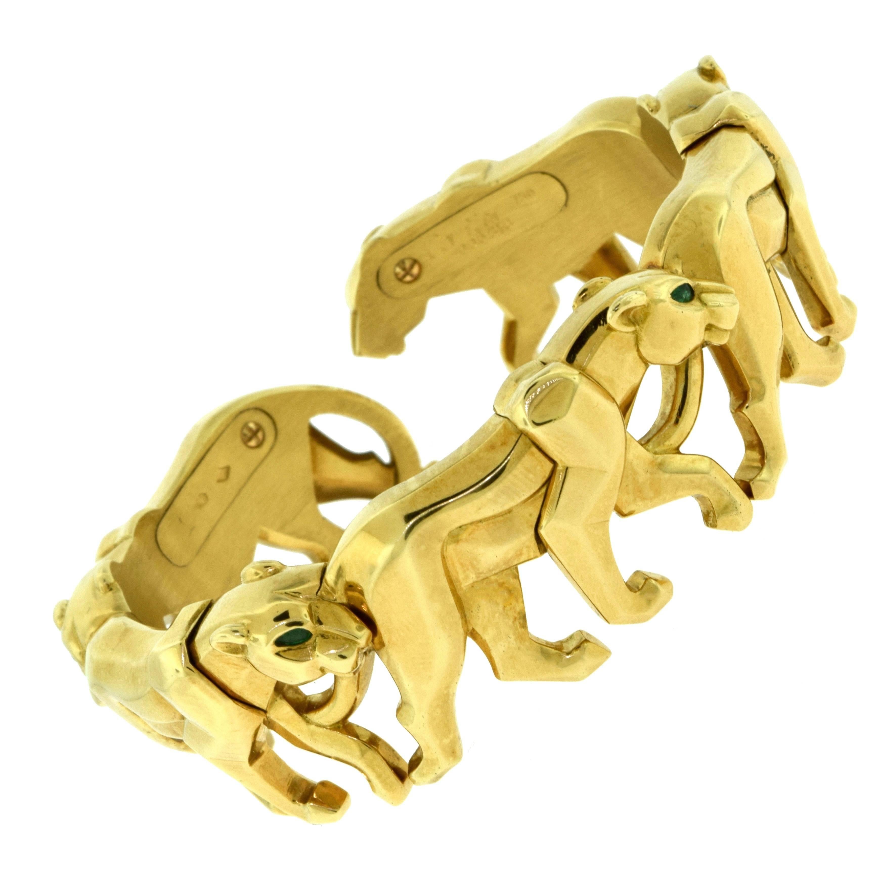 Cartier "Panthère de Cartier" Gold and Emerald Walking Panther Bracelet For Sale