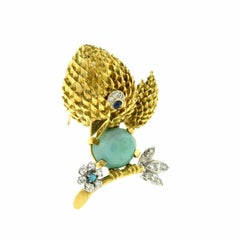 Small Happy Bird Brooch Pin in 18 Karat Yellow Gold with Turquoise Belly