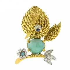 Small Happy Bird Brooch Pin in 18 Karat Yellow Gold with Turquoise Belly