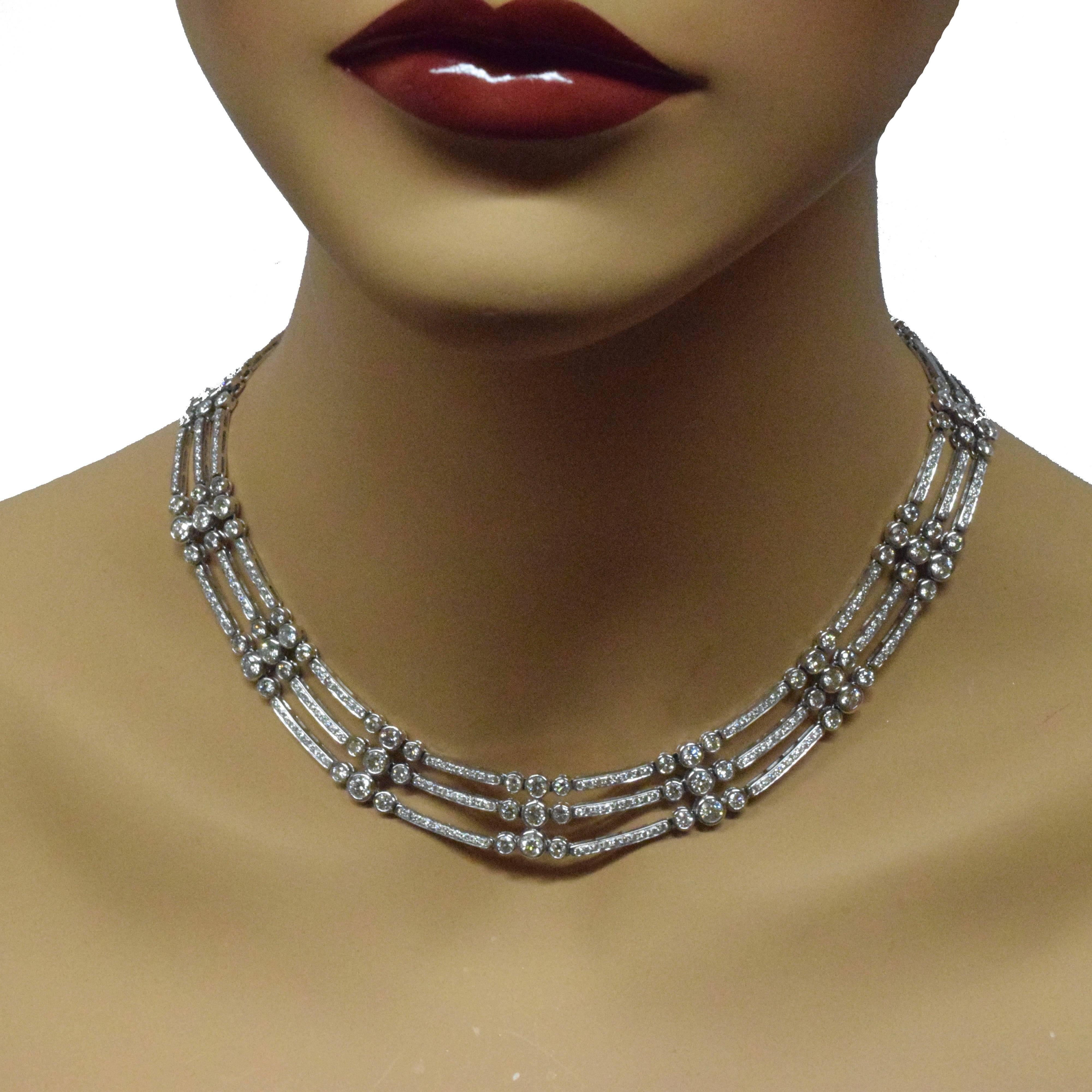 Metal: 18 Karat White Gold
Stones: 525 Round Brilliant Cut Diamonds
Total Carat Weight: 35 ct
Total Item Weight (g): 69
Necklace Length: 15 inches
Necklace Width: approx. 0.5 inches