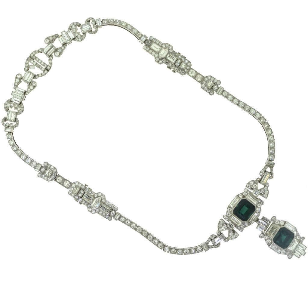 Colombian Emerald and Diamond Art Deco Platinum Necklace, GIA Certified In Good Condition For Sale In Miami, FL