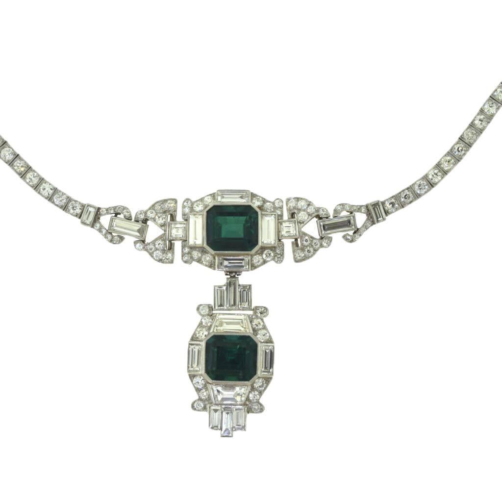 Colombian Emerald and Diamond Art Deco Platinum Necklace, GIA Certified For Sale