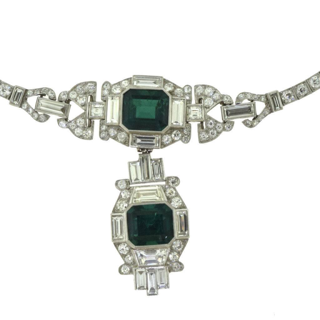 Women's Colombian Emerald and Diamond Art Deco Platinum Necklace, GIA Certified For Sale