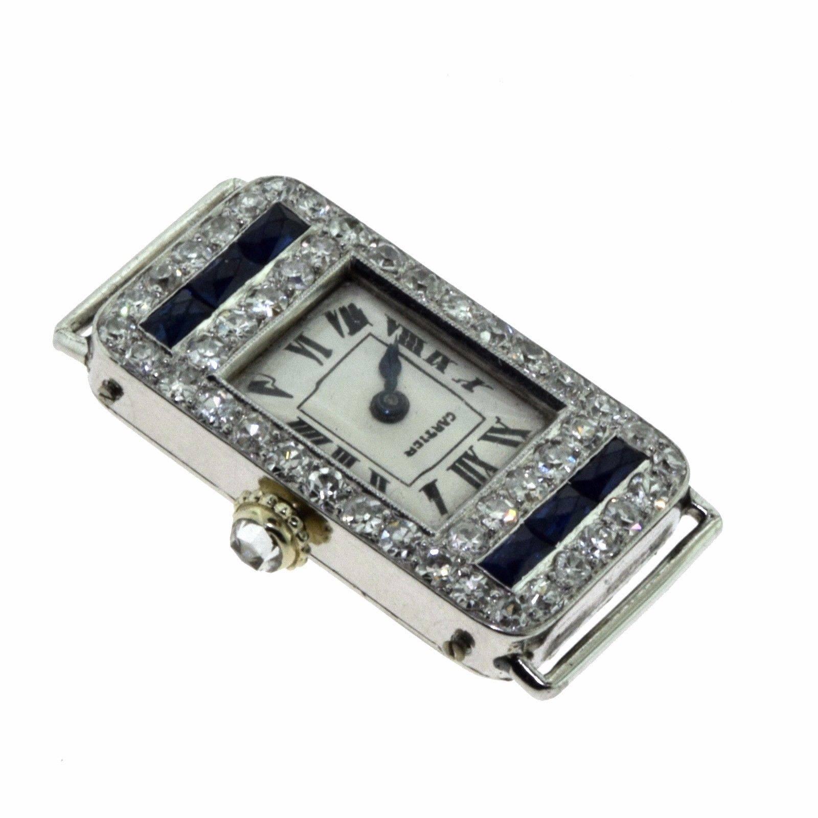 Cartier Art Deco Ladies Rectangle Diamond Sapphire European Movement Watch In Good Condition For Sale In Miami, FL