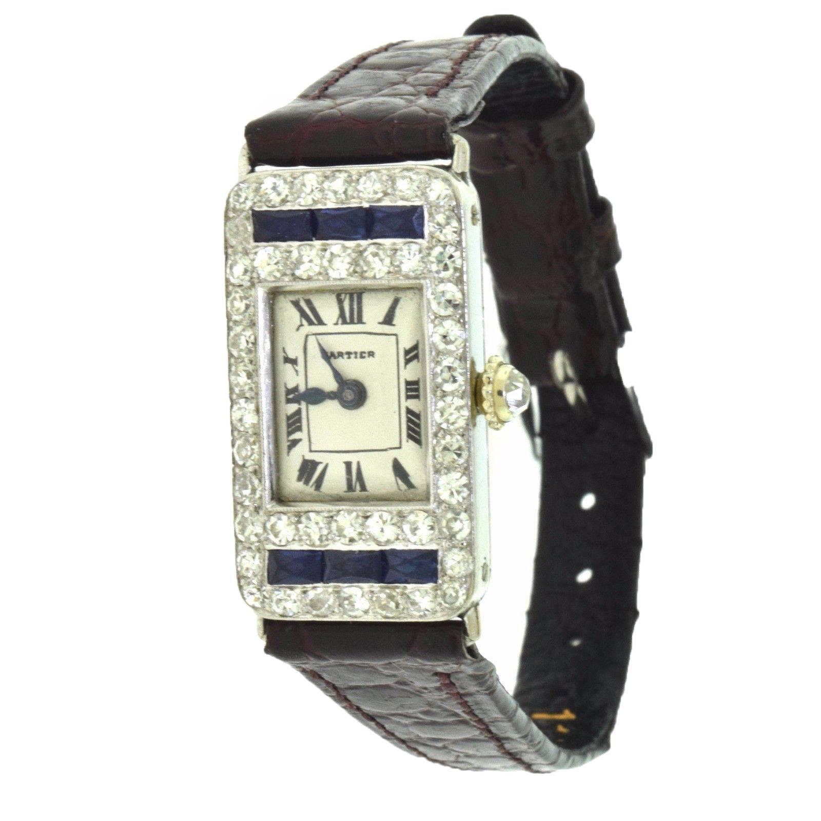Cartier Art Deco Ladies Rectangle Diamond Sapphire European Movement Watch For Sale