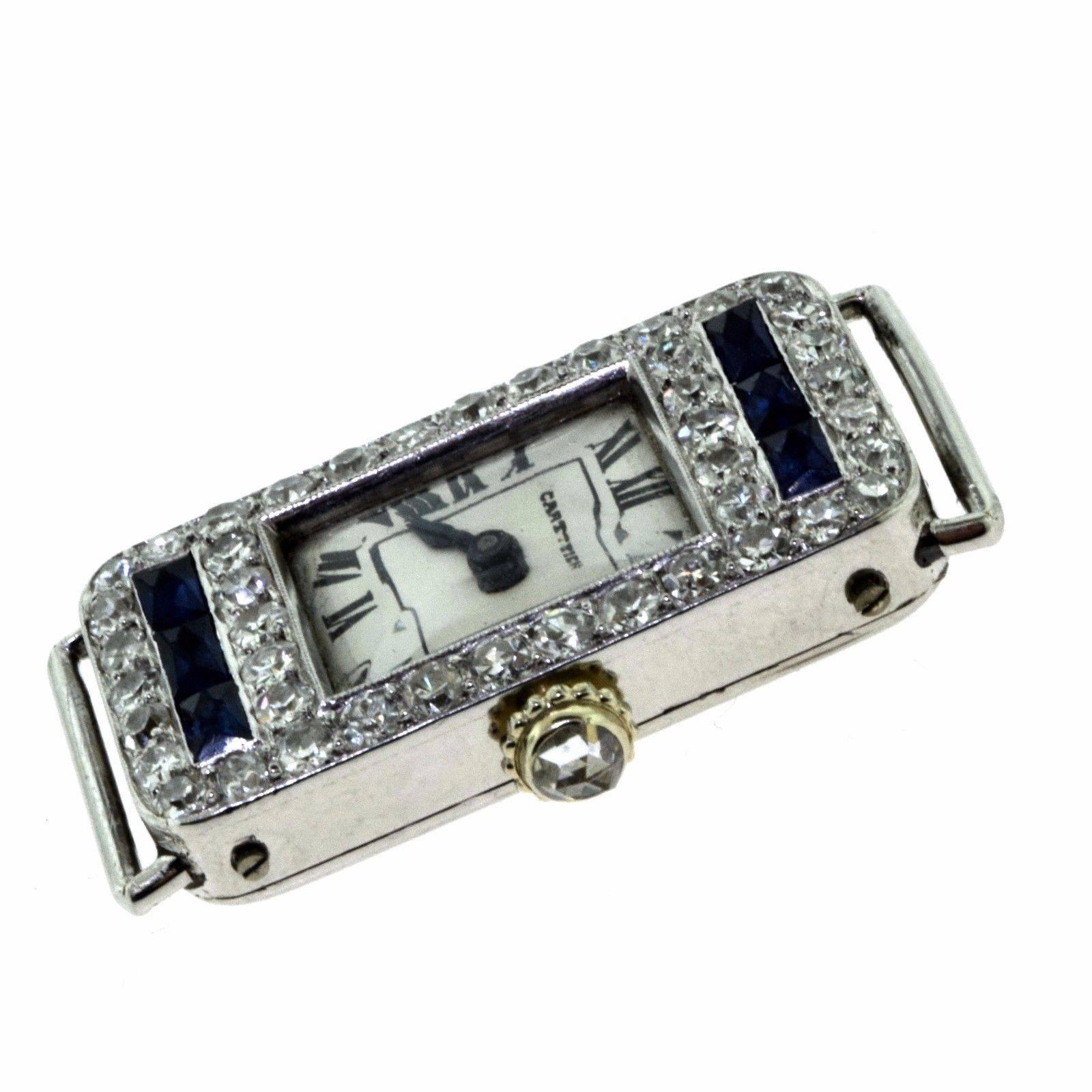 Women's Cartier Art Deco Ladies Rectangle Diamond Sapphire European Movement Watch For Sale