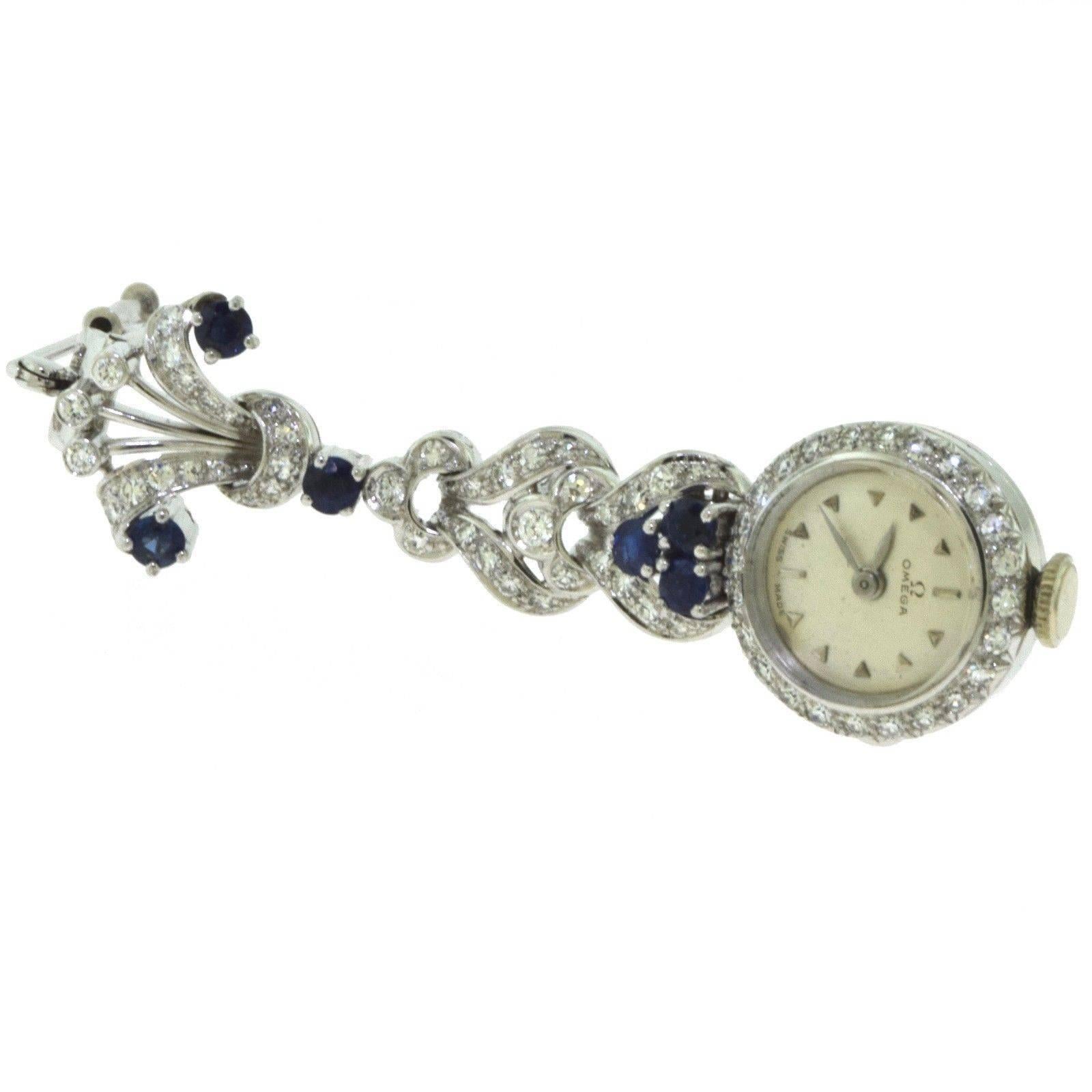 1940s Vintage Omega Diamond and Sapphire White Gold Falling Brooch / Pin / Watch For Sale 1