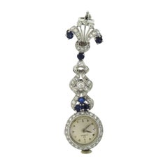 1940s Vintage Omega Diamond and Sapphire White Gold Falling Brooch / Pin / Watch