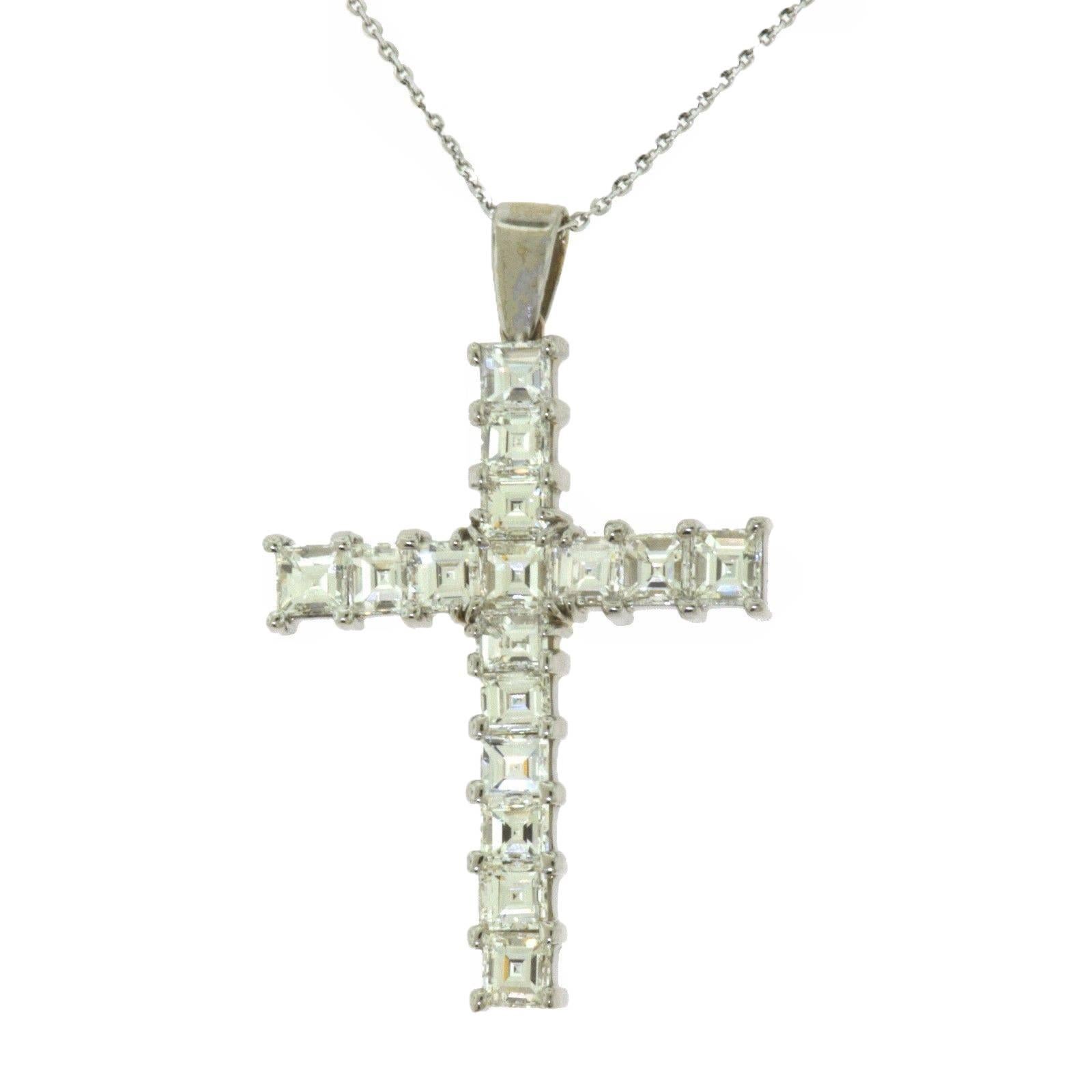 Signature Princess Cut Square Diamond Cross Pendant Necklace, 4.38 Carat For Sale