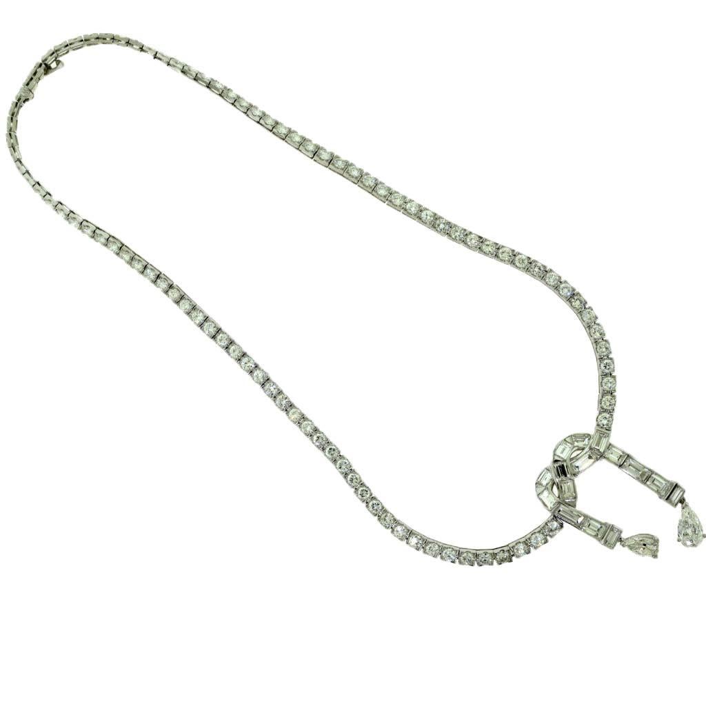 Round, Pear, & Baguette Shaped Diamond Platinum Snake Style Drop Necklace 20 TCW For Sale
