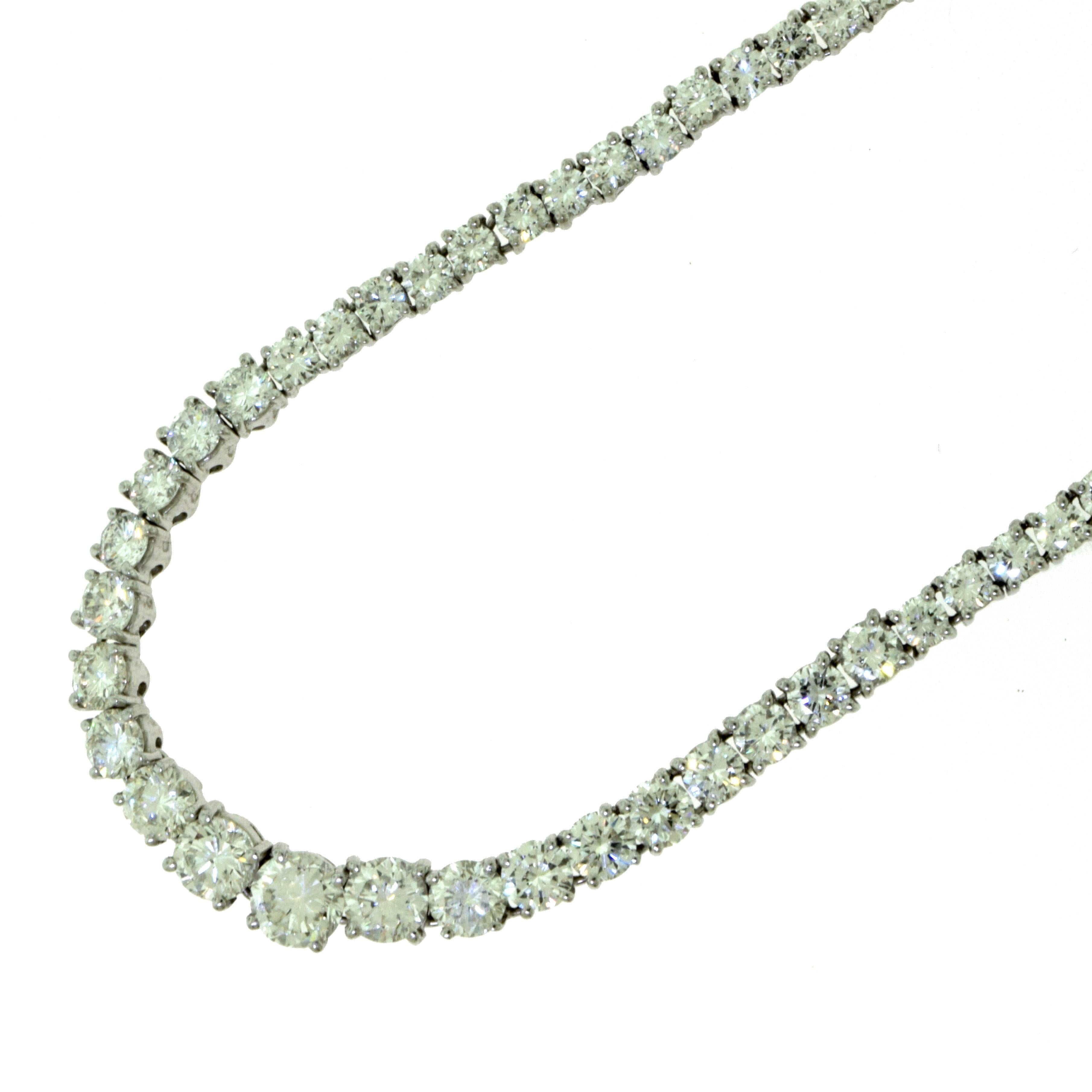 A magnificent variation diamond tennis line necklace by Cartier set in platinum for a total carat weight of 18 carat with diamond color D - E and clarity VVS.

The biggest diamond has a measurement of 6.12 mm and the smallest diamond has a