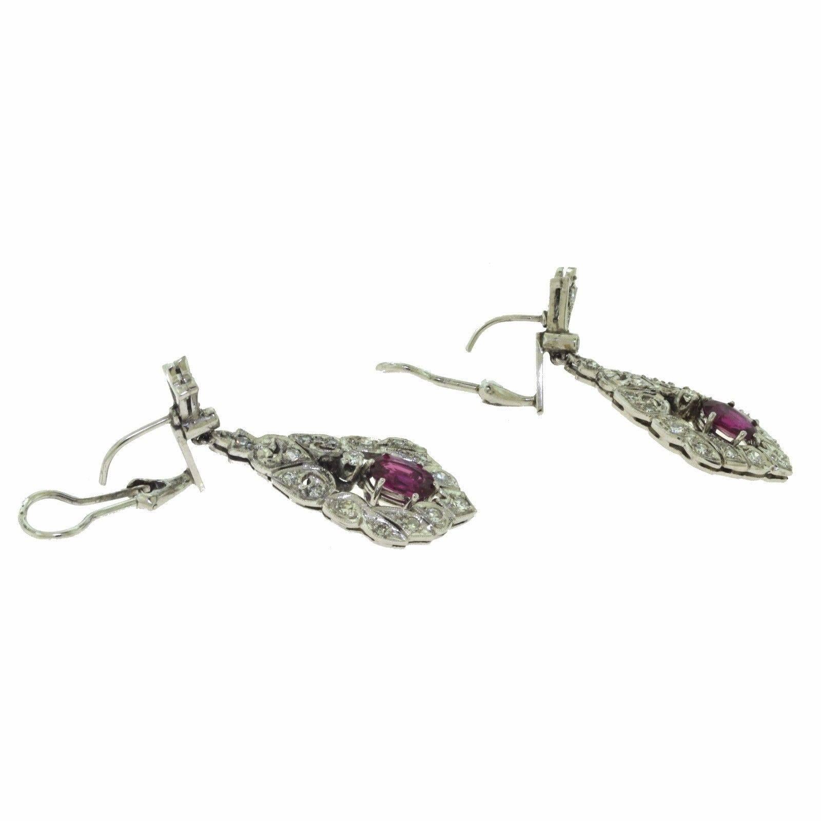 Round Cut 1920s Art Deco Ruby and Diamond Dangle Drop Earrings For Sale