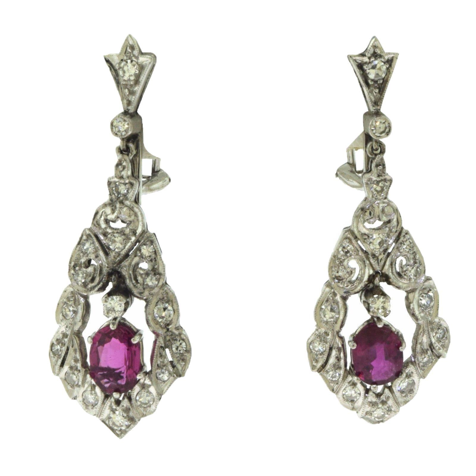 1920s Art Deco Ruby and Diamond Dangle Drop Earrings For Sale