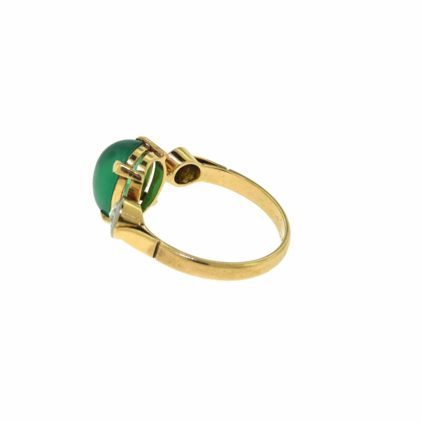 This is a magnificent rose cut diamond and cabochon chrysoprase estate ring set in 14k yellow gold and is the result of a beautifully intricate work of art with a precious story to tell the world. This makes a fabulous gift for that special