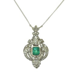 Antique Art Deco Diamond and Marquise Shaped Emerald Necklace