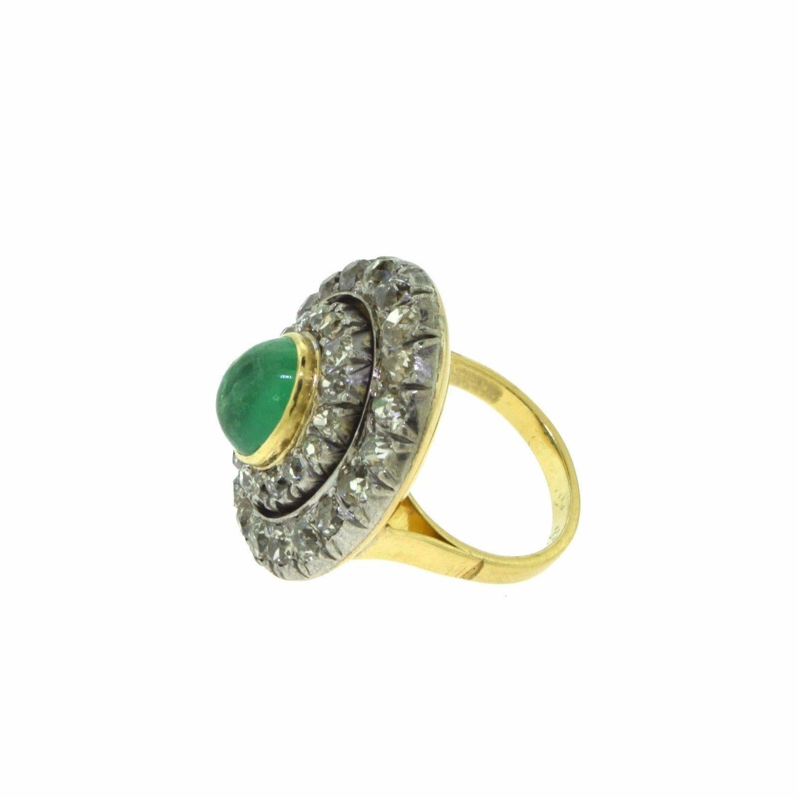 Victorian Era Large Round Emerald and Diamond Encrusted Gold Ring In Good Condition For Sale In Miami, FL