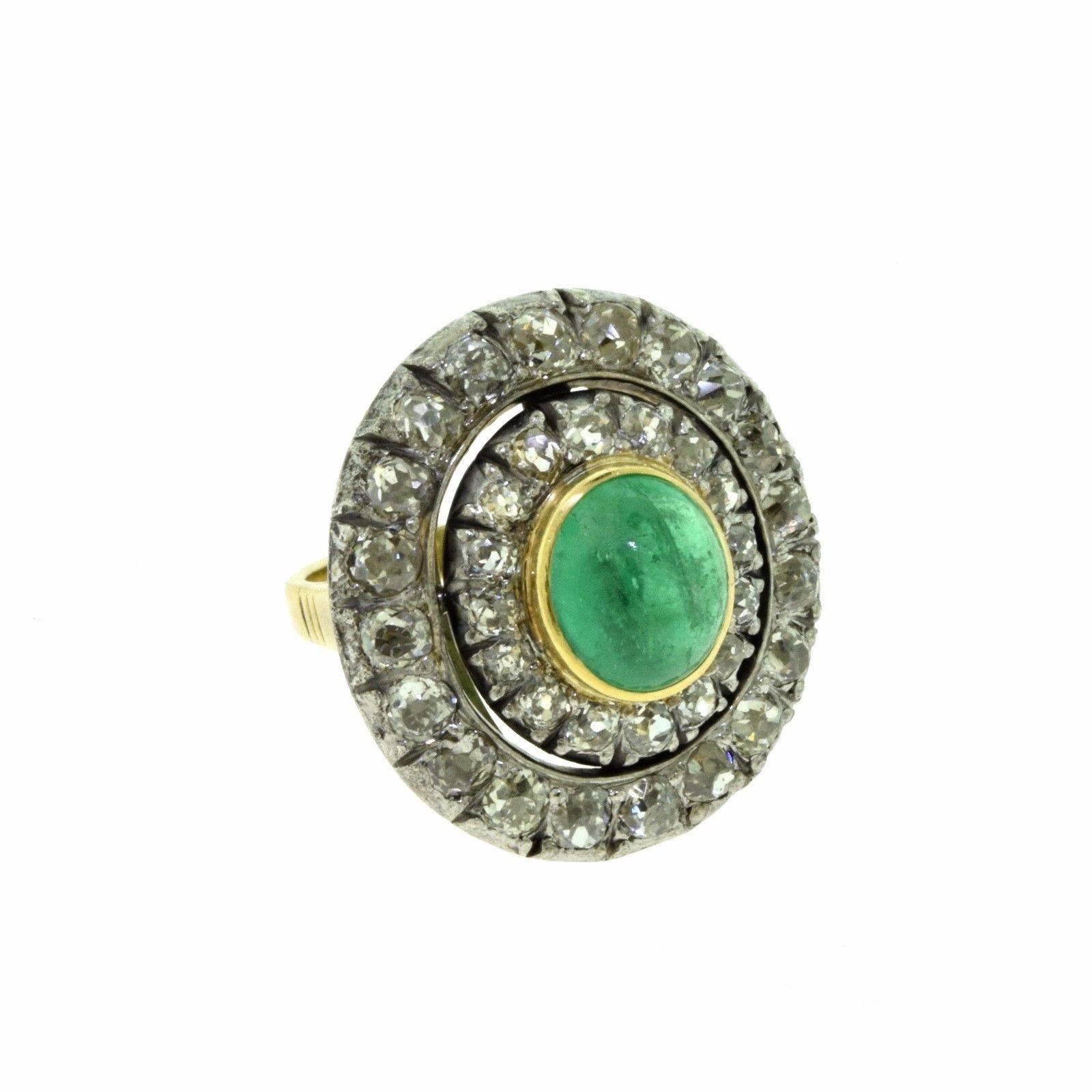 Women's Victorian Era Large Round Emerald and Diamond Encrusted Gold Ring For Sale