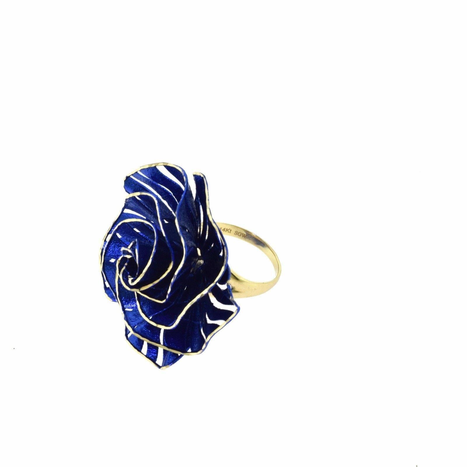Women's Large Blue Rhodium Yellow Gold Camellia Style Flower Ring For Sale