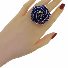 Large Blue Rhodium Yellow Gold Camellia Style Flower Ring
