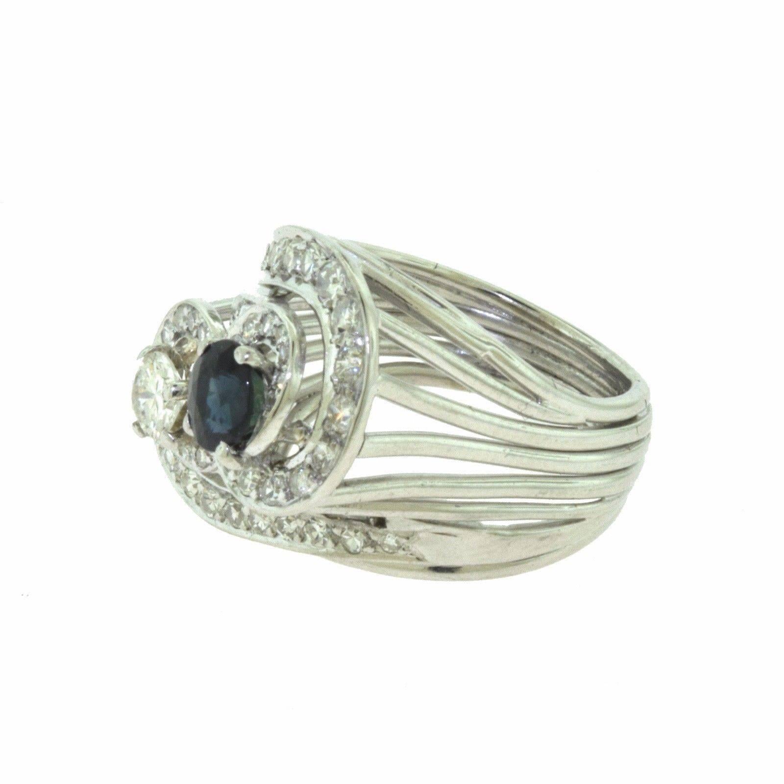 Women's or Men's Diamond and Sapphire Center Stone Diamond White Gold Swirl Ring For Sale