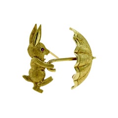 Cartier Happy Bunny Rabbit Yellow Gold Brooch / Pin with Ruby Eyes